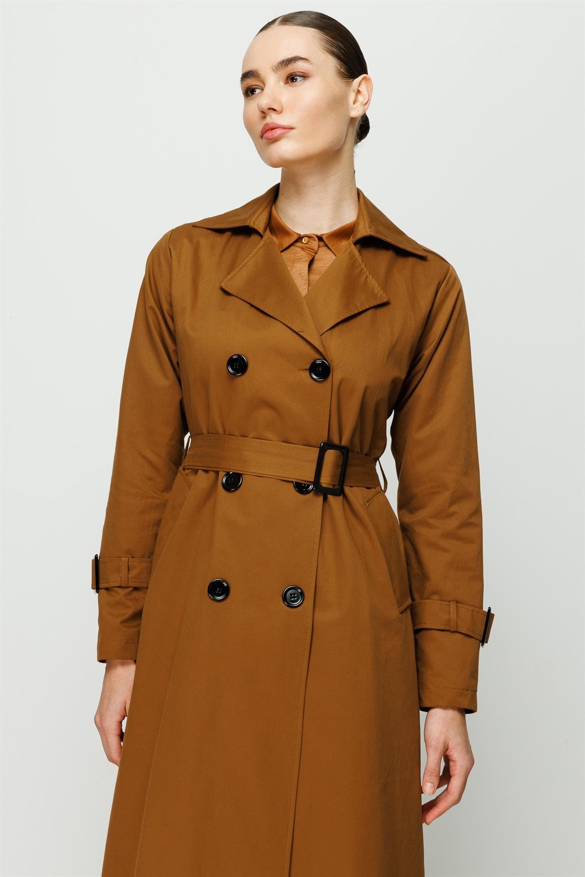 Reglan Kollu Kruvaze Kapamalı Trençkot  Taba