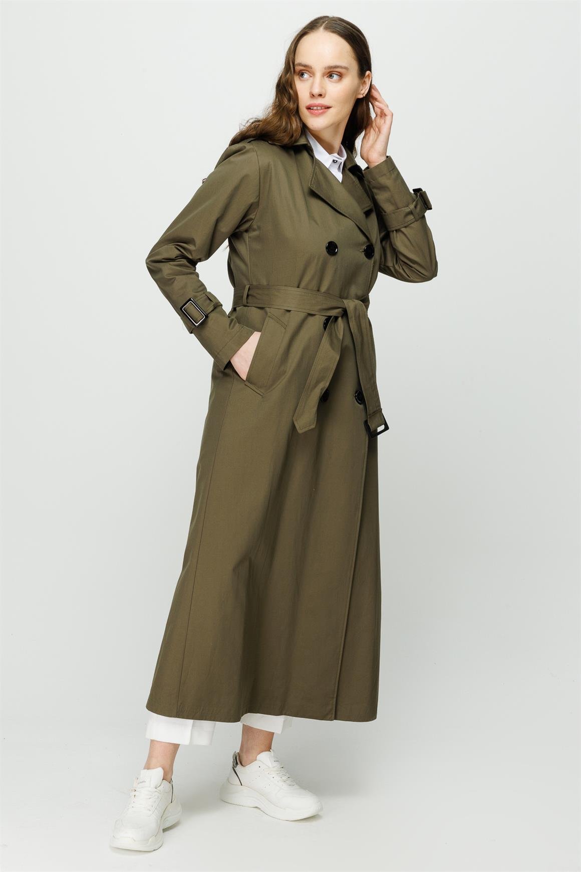 Reglan Kollu Kruvaze Kapamalı Trençkot  Haki