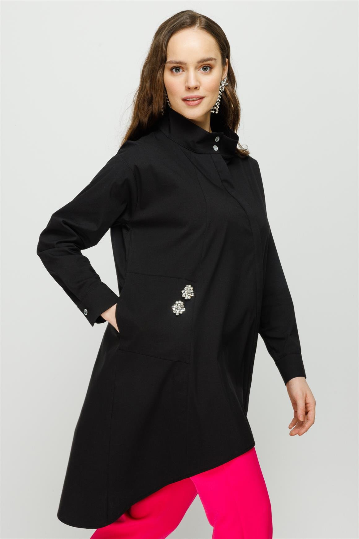 Asimetrik Detaylı Pamuk Tunik  Siyah