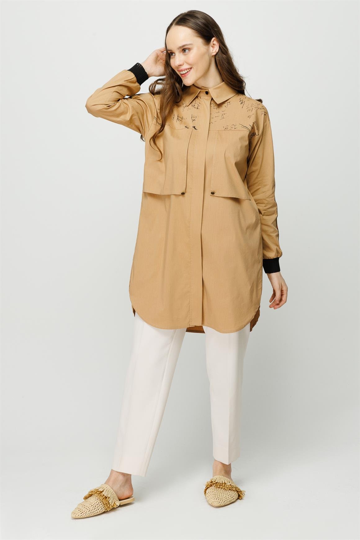 Baskı ve Aller Detaylı Pamuklu Tunik  Camel