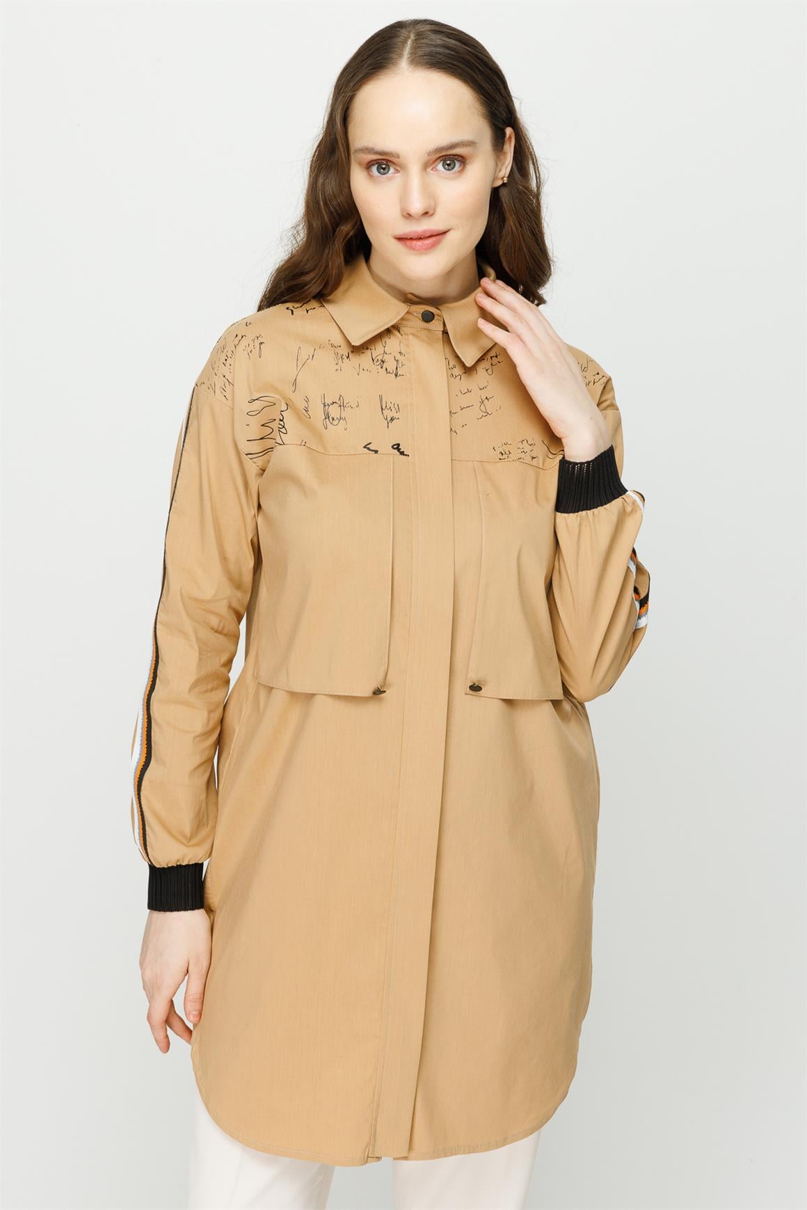 Baskı ve Aller Detaylı Pamuklu Tunik  Camel