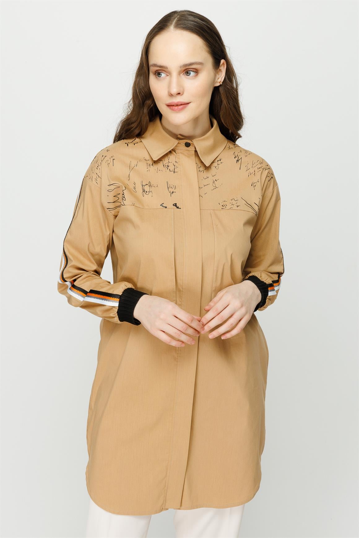 Baskı ve Aller Detaylı Pamuklu Tunik  Camel