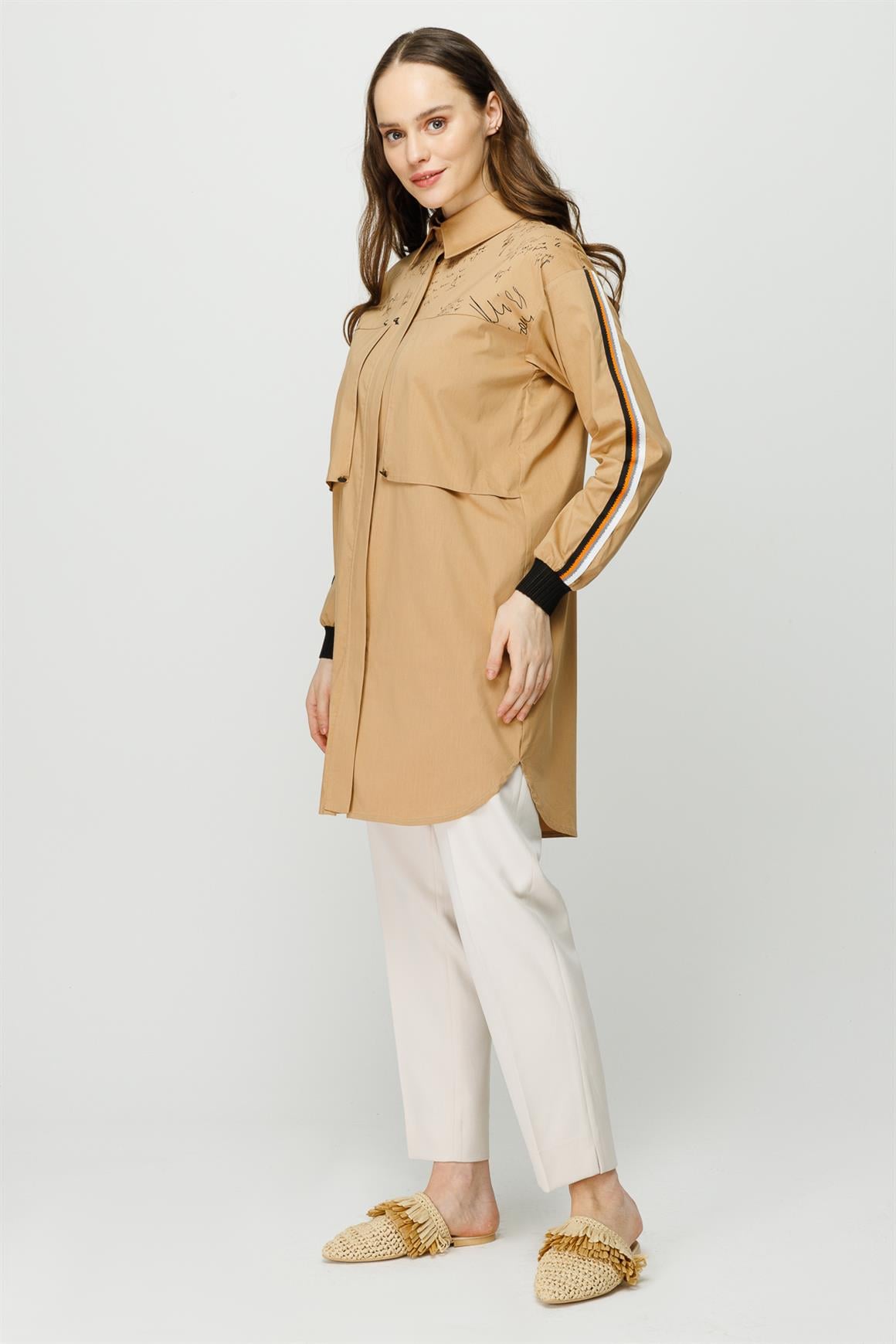 Baskı ve Aller Detaylı Pamuklu Tunik  Camel