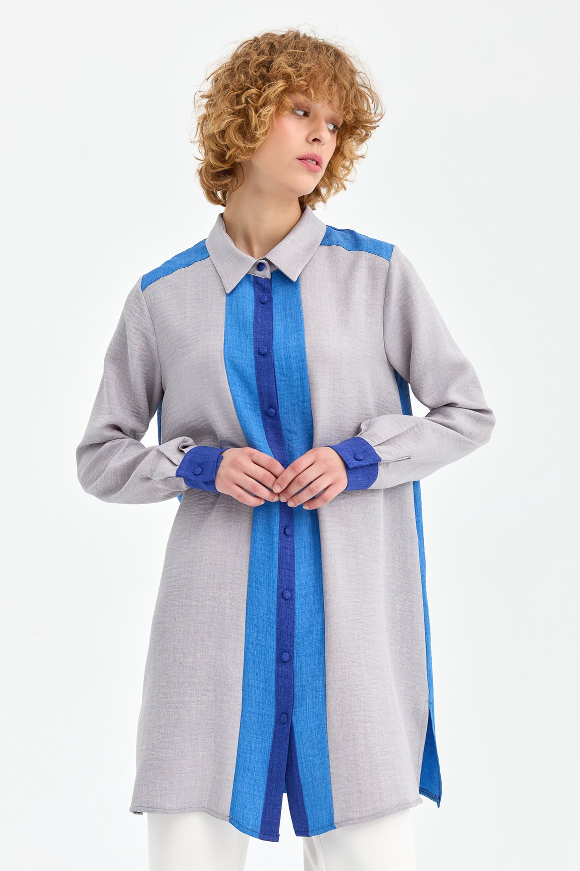 Blok Renk Detaylı Tunik  Gri