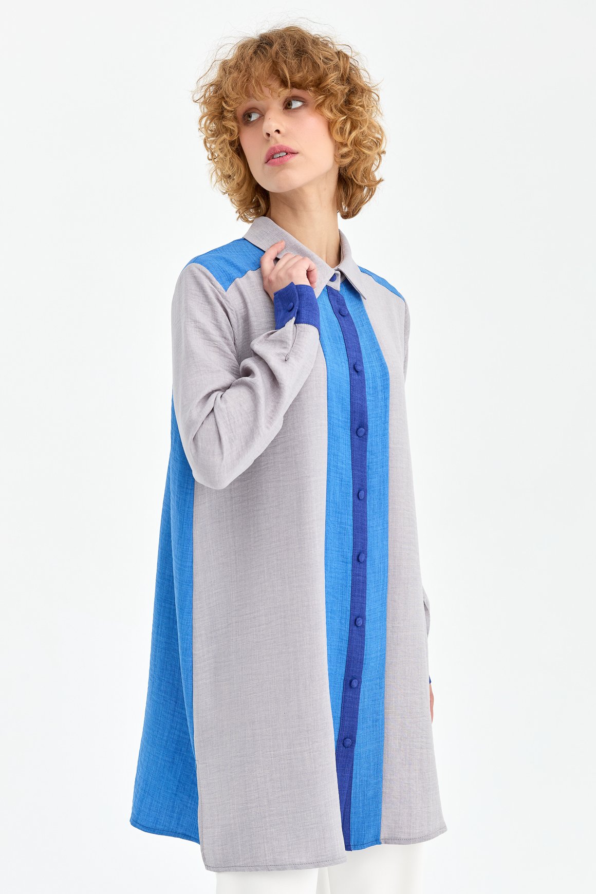 Blok Renk Detaylı Tunik  Gri