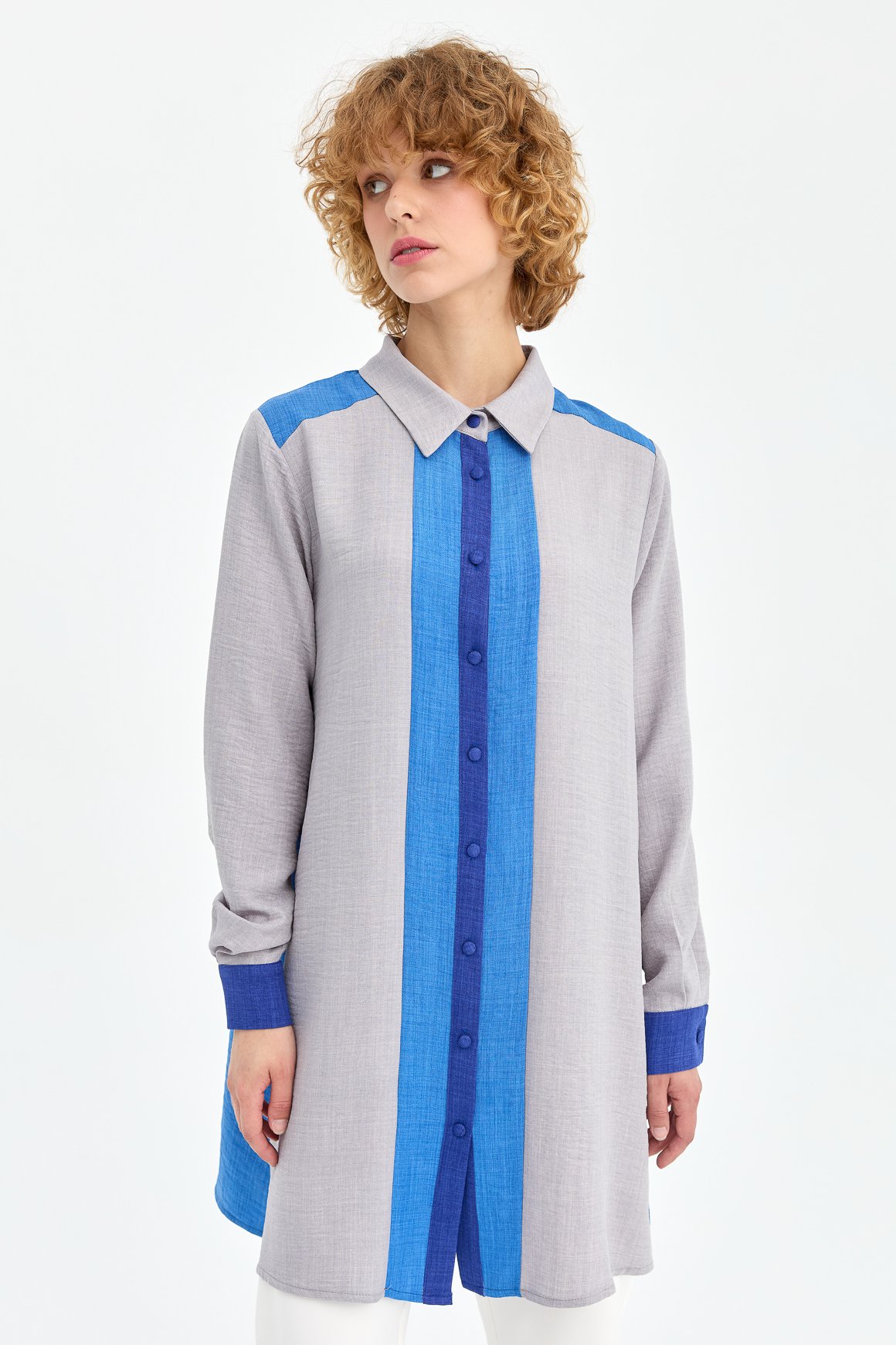 Blok Renk Detaylı Tunik  Gri