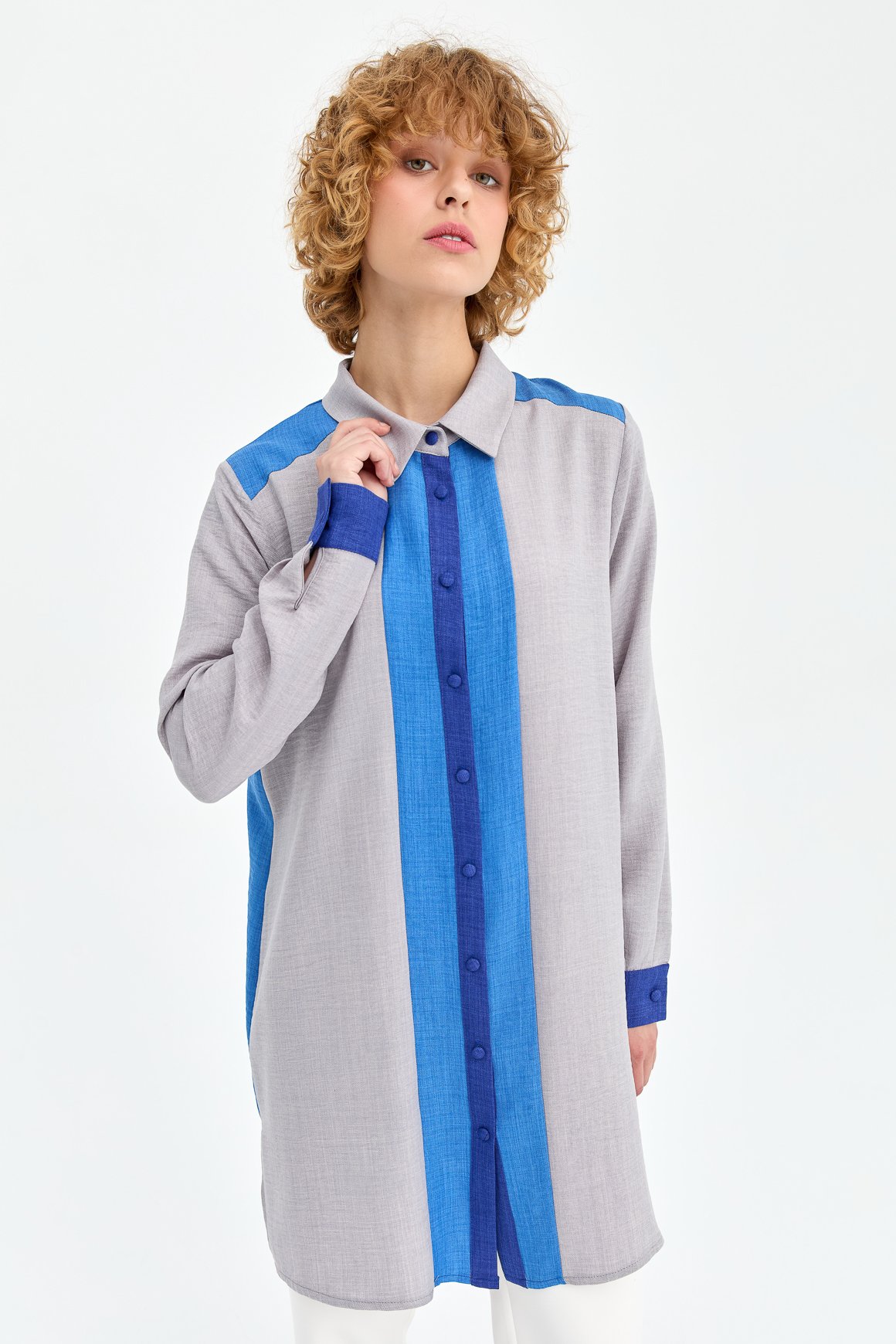 Blok Renk Detaylı Tunik  Gri