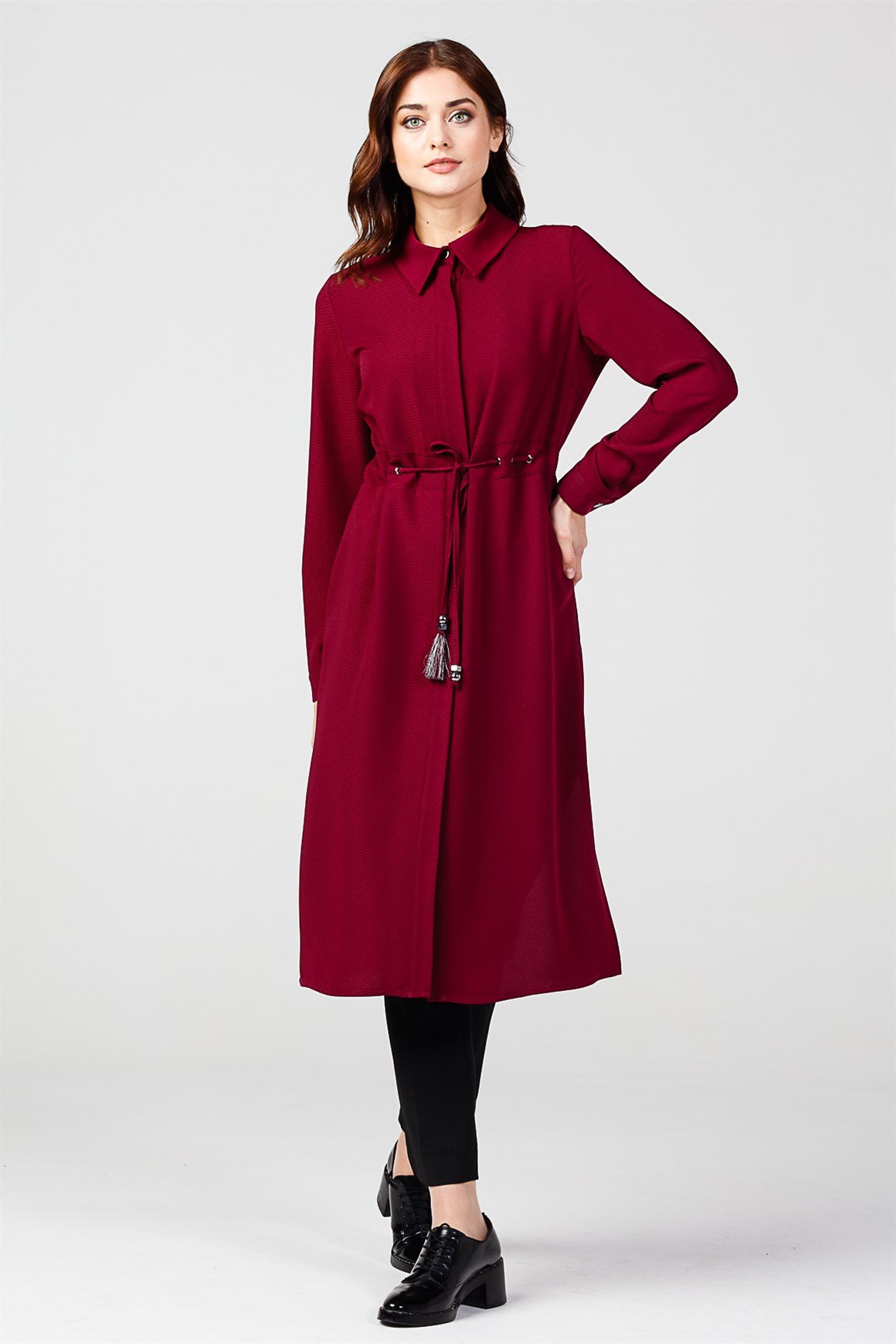 Bordo - Beli Büzgü Bağcıklı Tunik