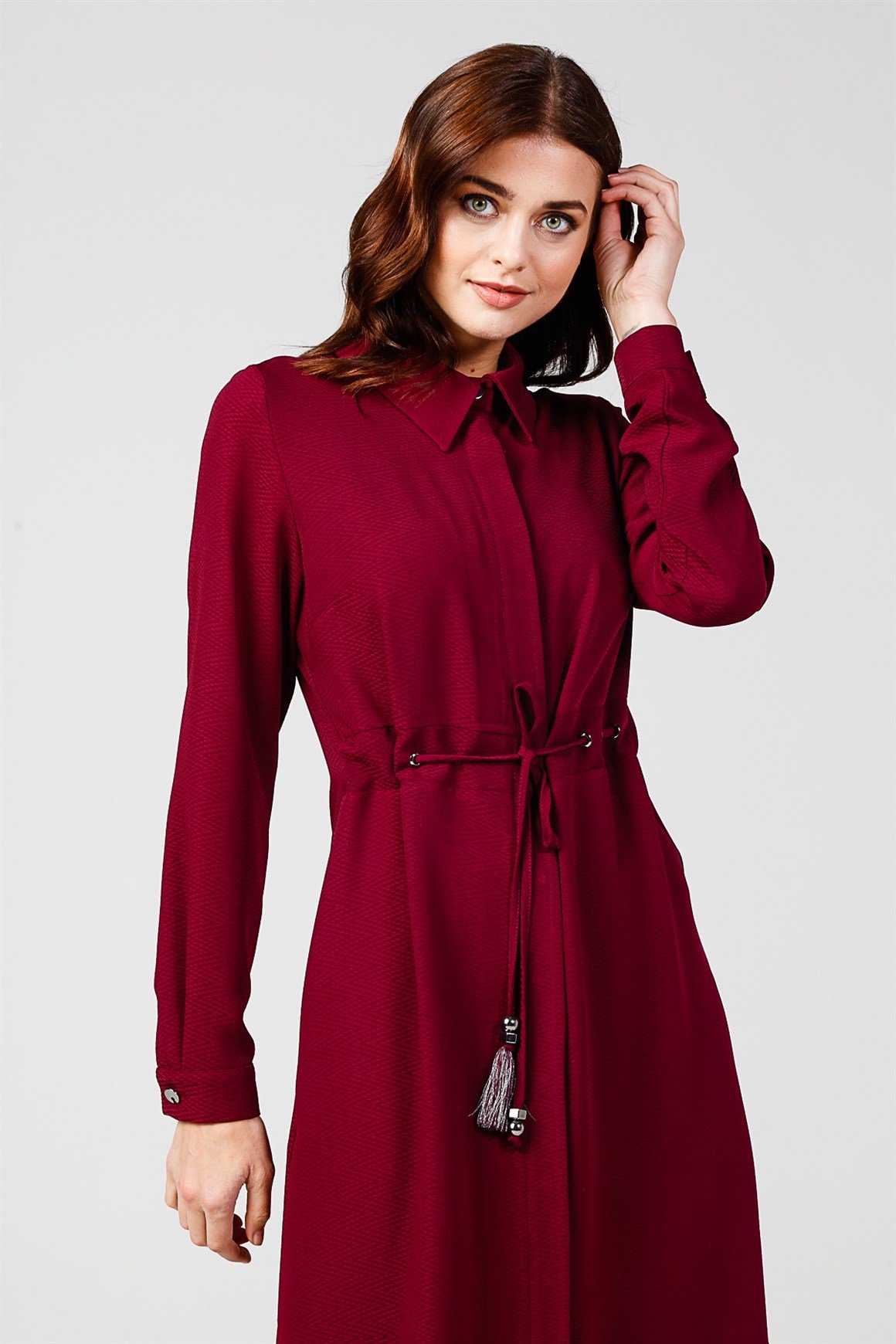 Bordo - Beli Büzgü Bağcıklı Tunik