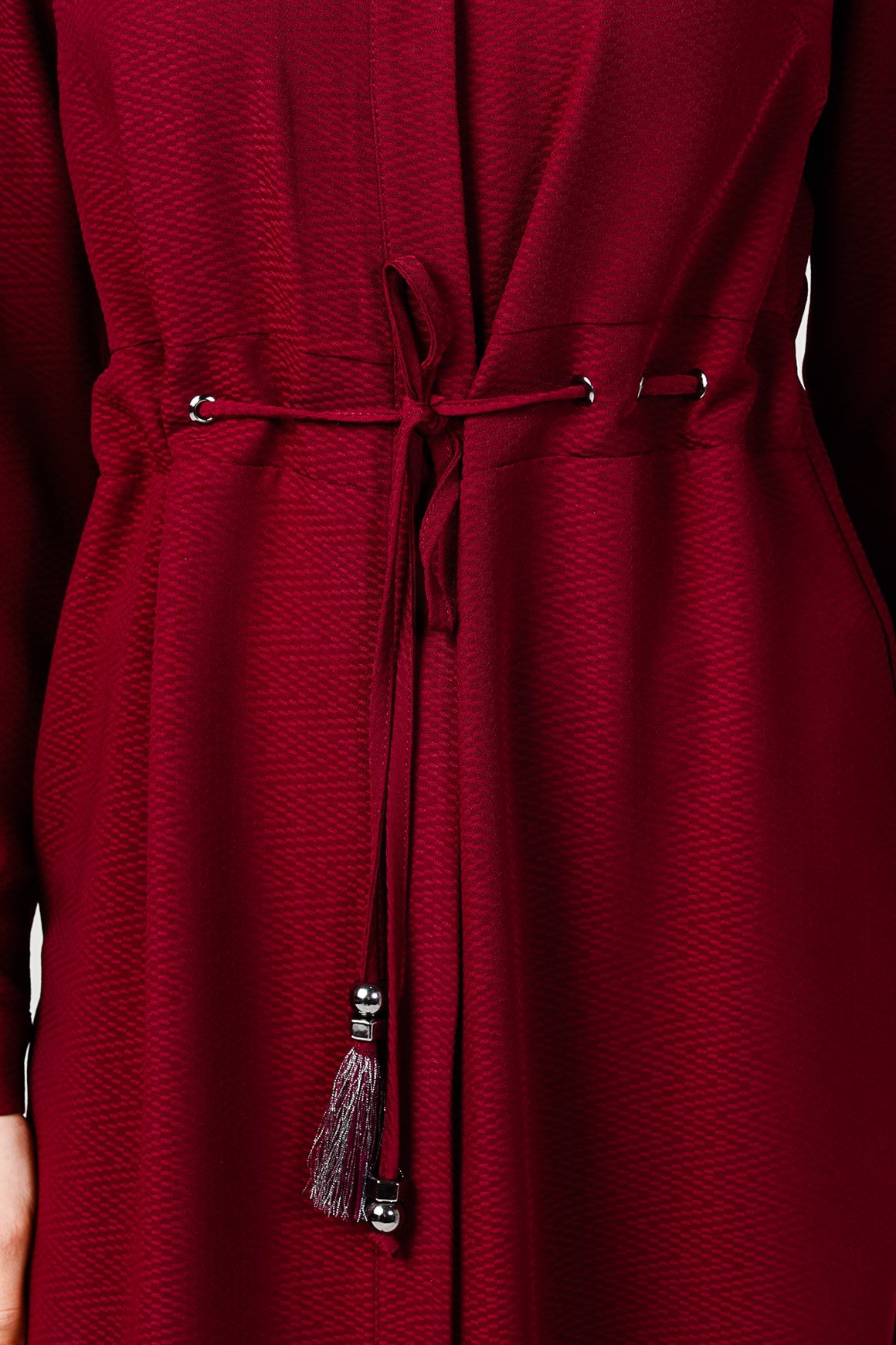 Bordo - Beli Büzgü Bağcıklı Tunik