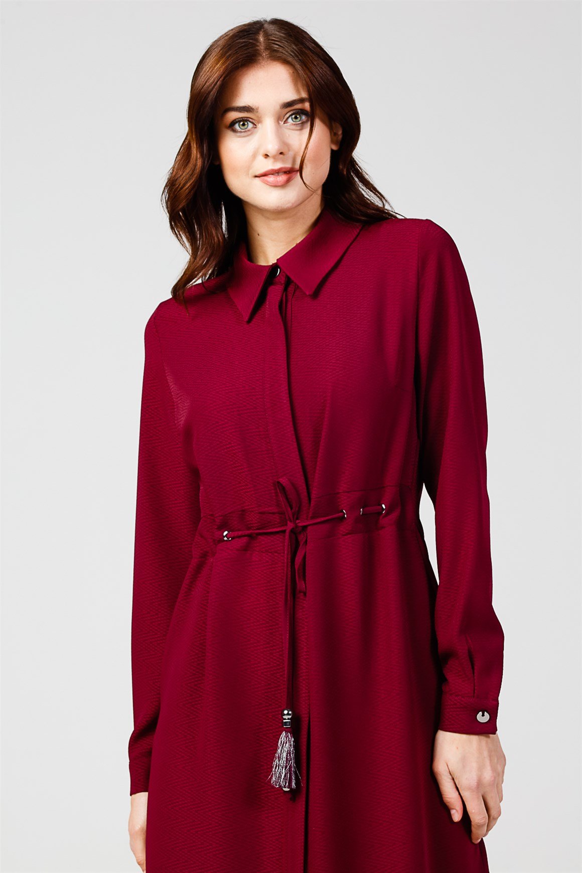 Bordo - Beli Büzgü Bağcıklı Tunik