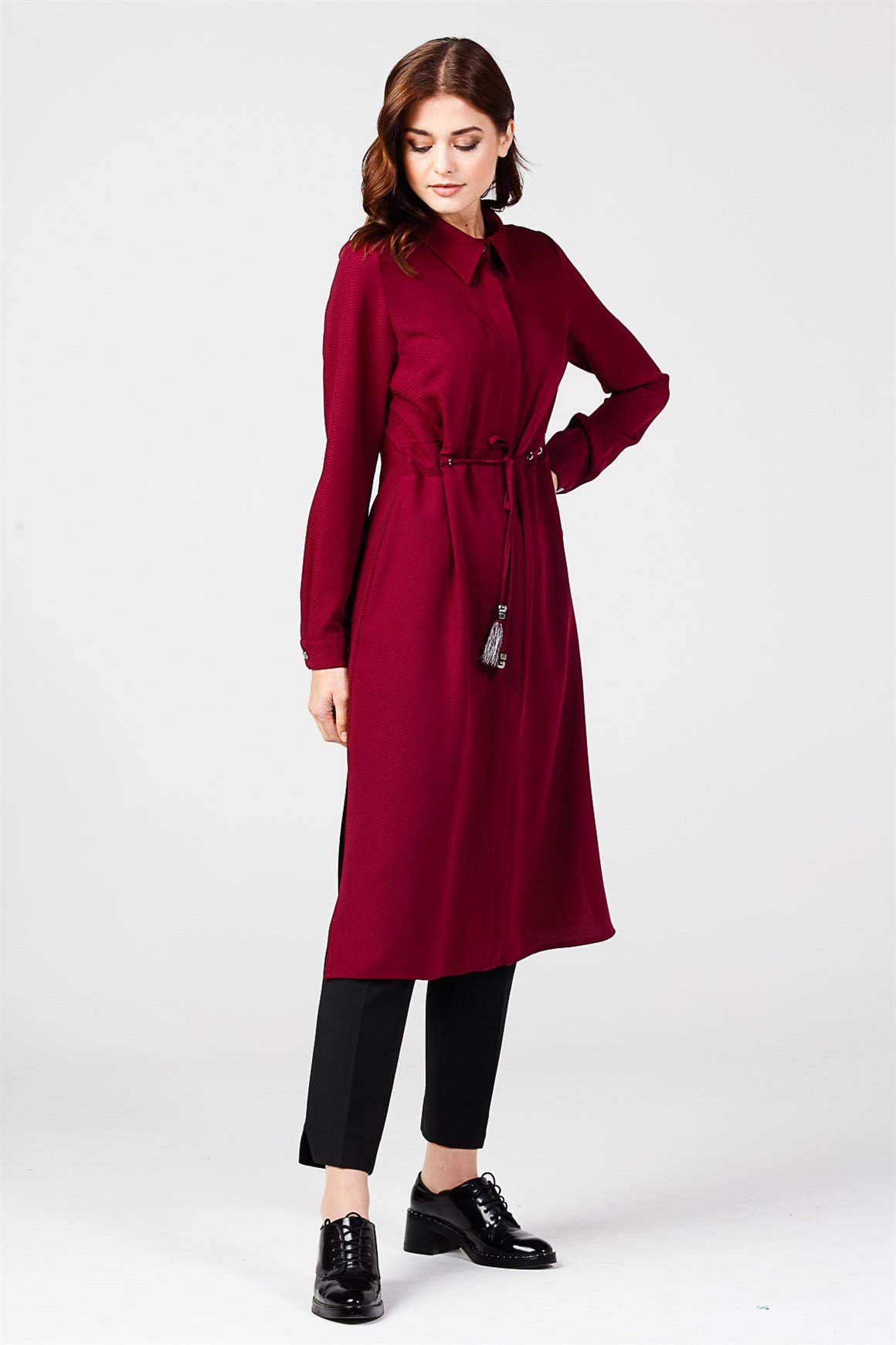 Bordo - Beli Büzgü Bağcıklı Tunik