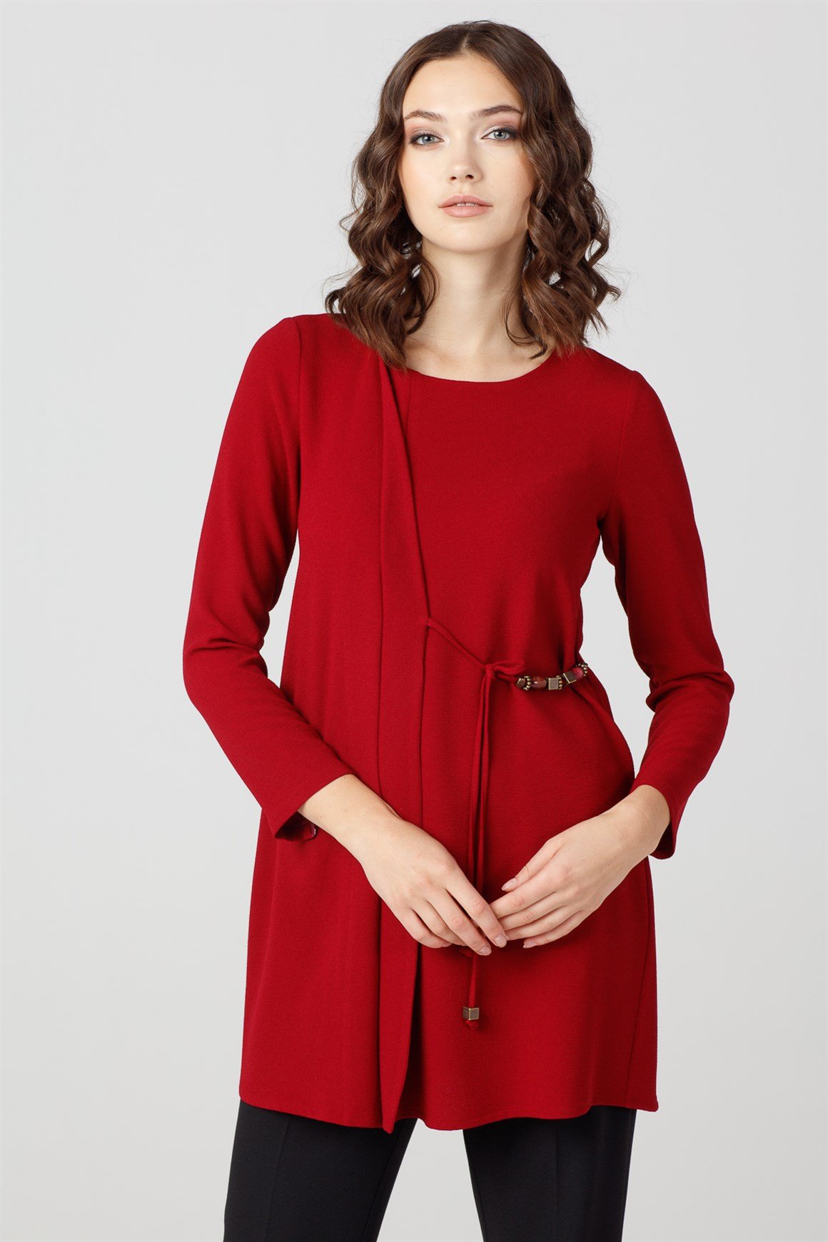 Bordo - Önü Bağcıklı Aksesuarlı Tunik