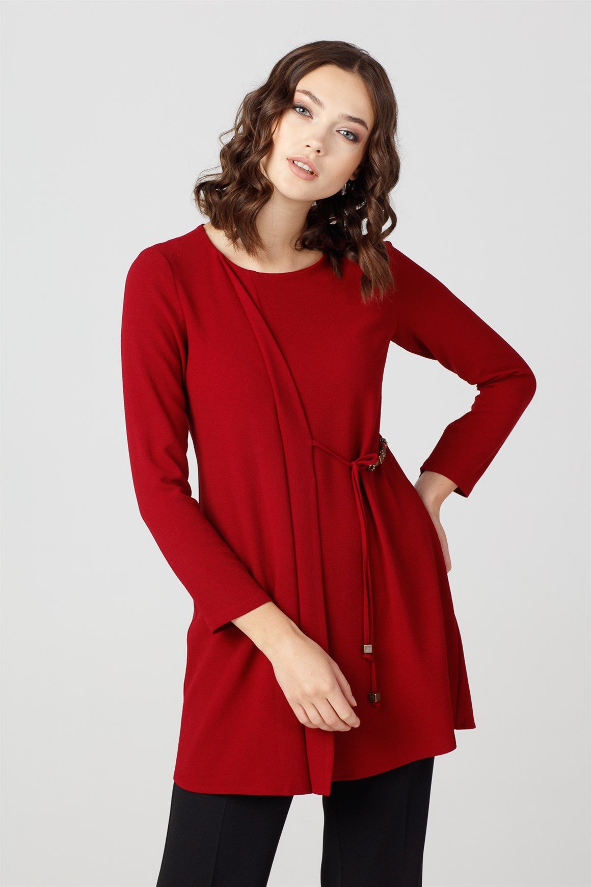 Bordo - Önü Bağcıklı Aksesuarlı Tunik