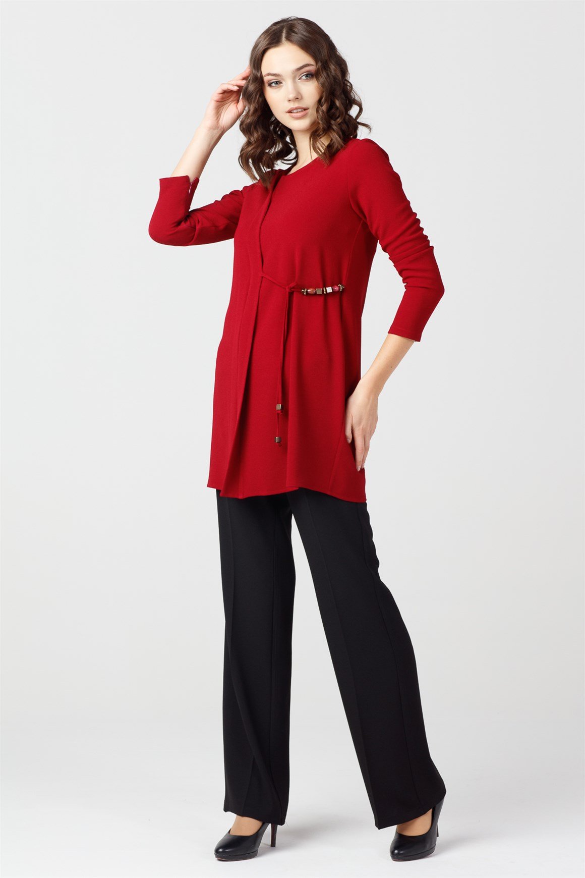 Bordo - Önü Bağcıklı Aksesuarlı Tunik