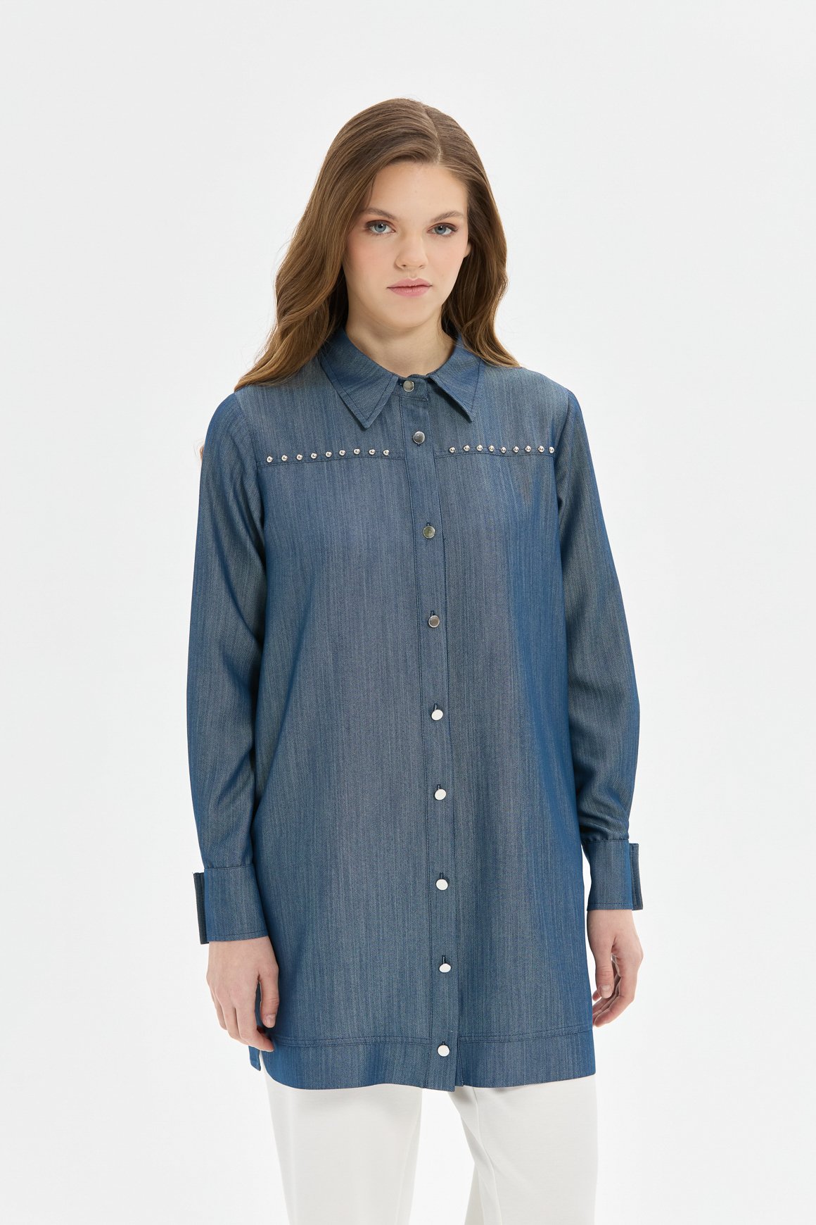 Çakma Detaylı Denim Tunik  Mavi