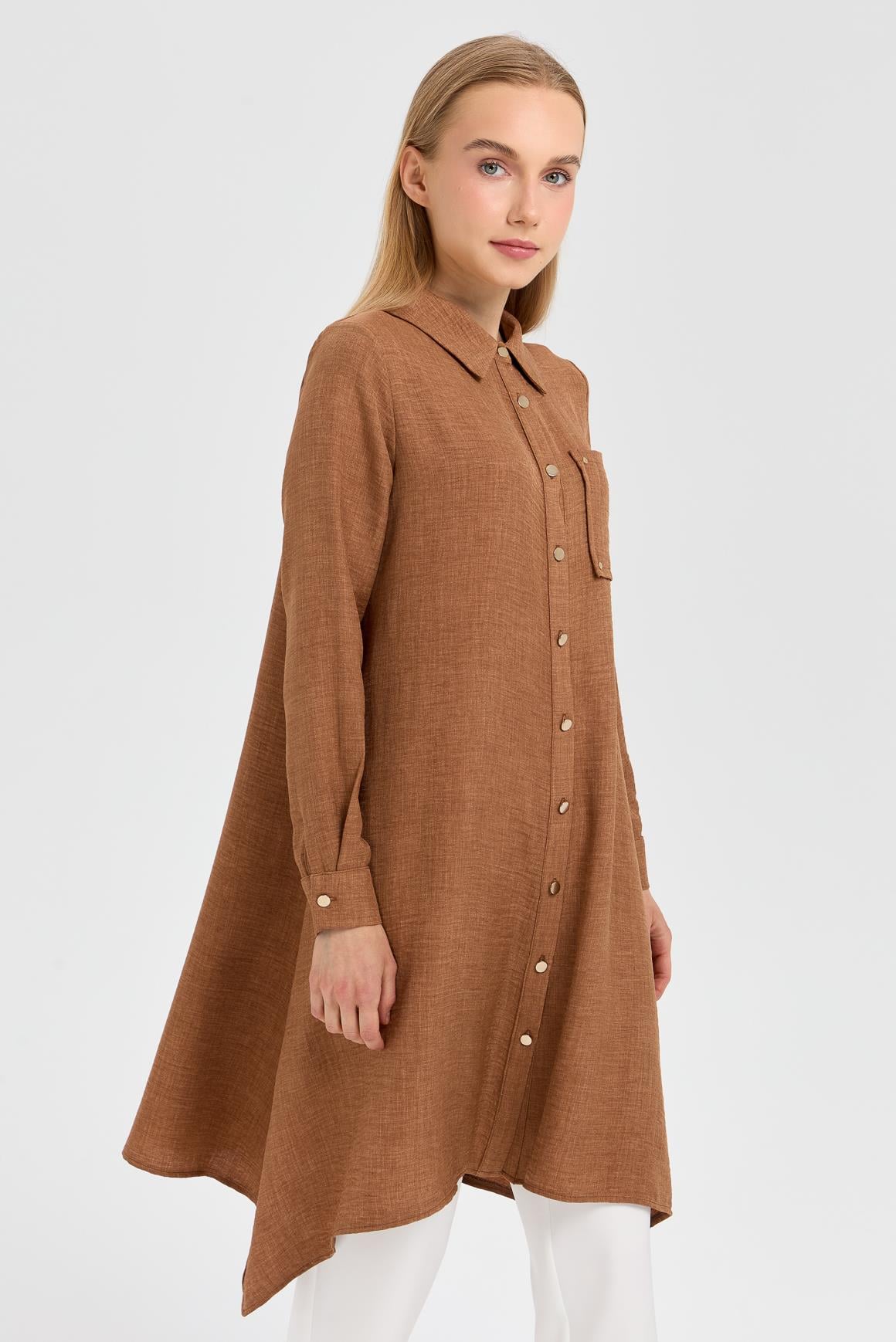 Cep Detaylı Asimetrik Kesim Tunik  Camel