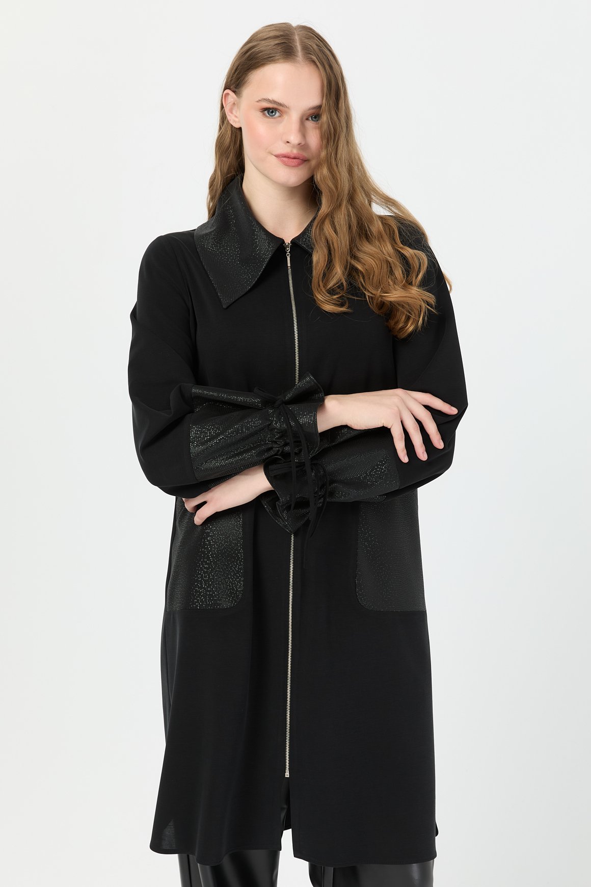 Cep Detaylı Kol Büzgülü Tunik  Siyah