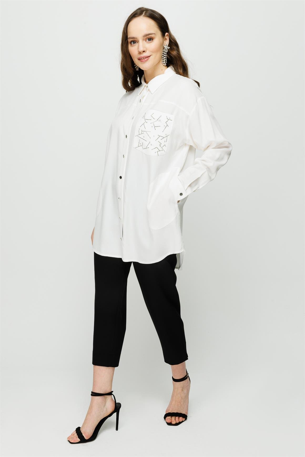Faux Stone Detailed Viscose Tunic On Pocket - Ecru