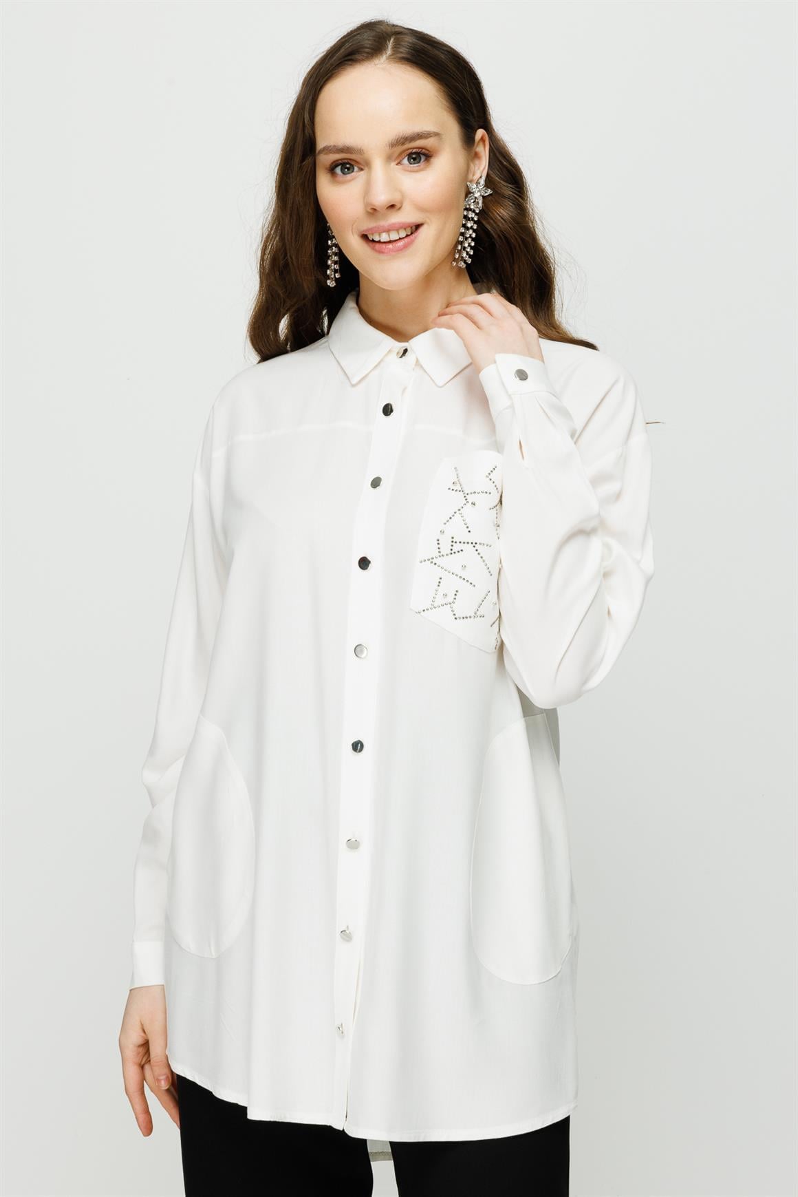 Faux Stone Detailed Viscose Tunic On Pocket - Ecru