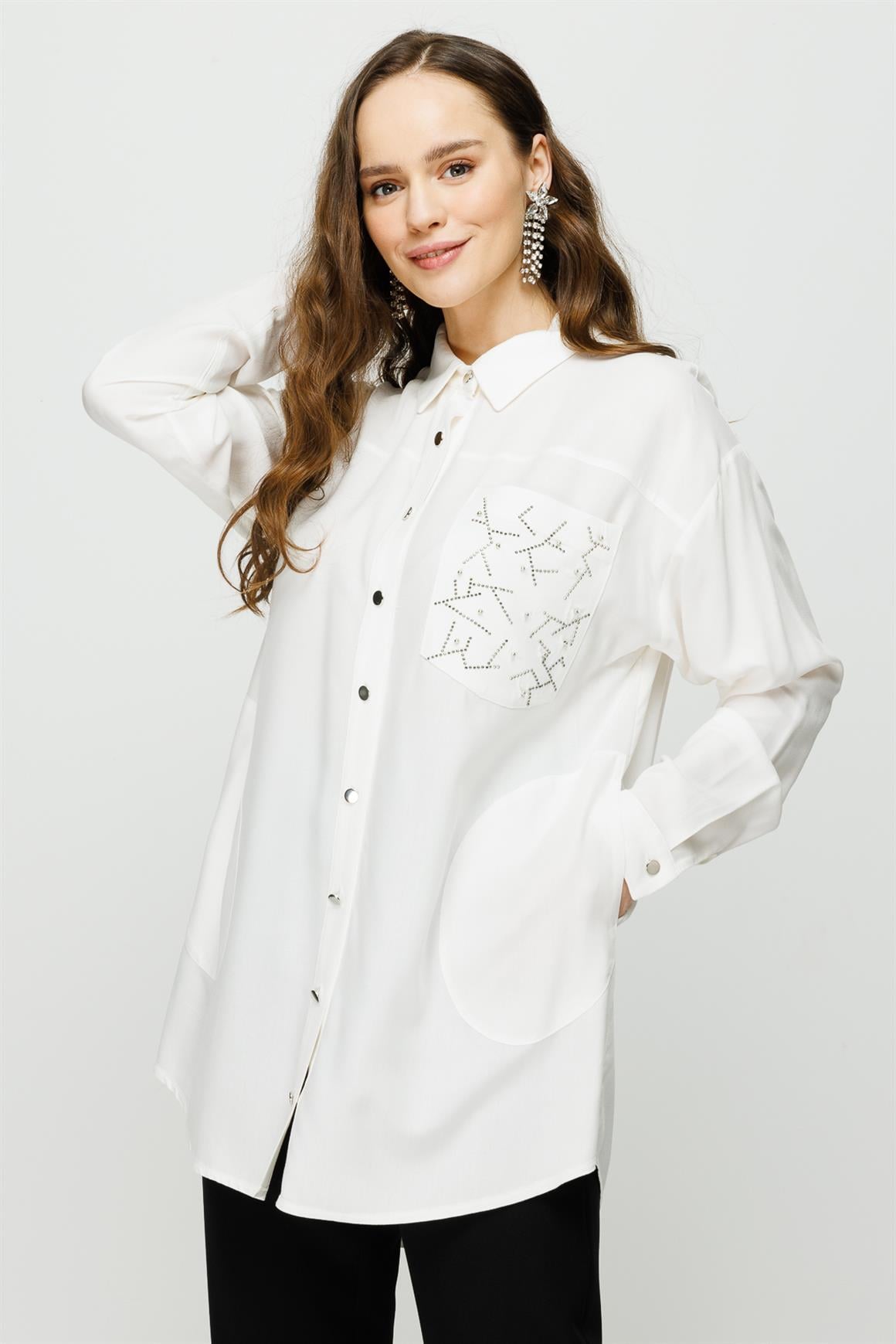 Faux Stone Detailed Viscose Tunic On Pocket - Ecru