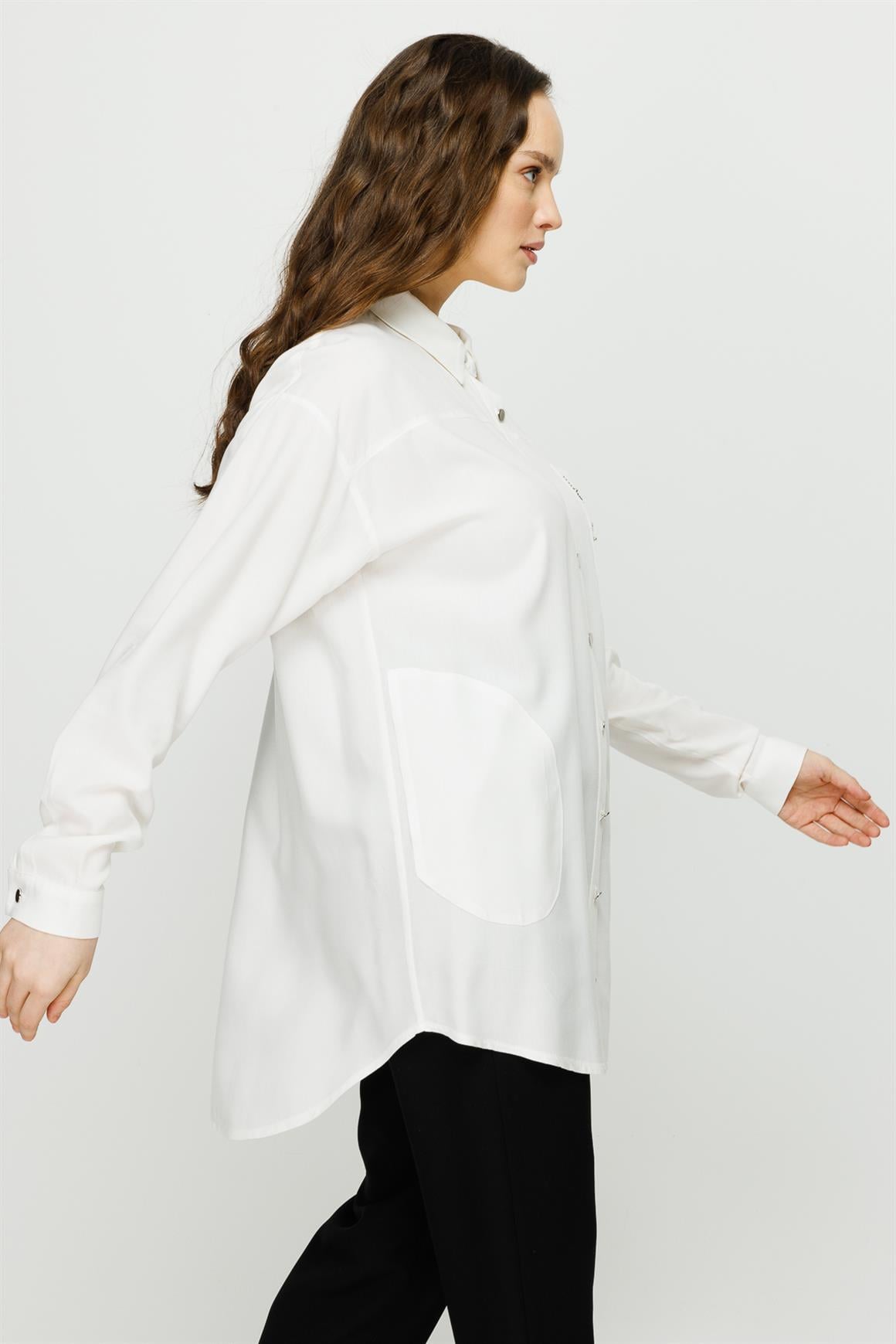 Faux Stone Detailed Viscose Tunic On Pocket - Ecru