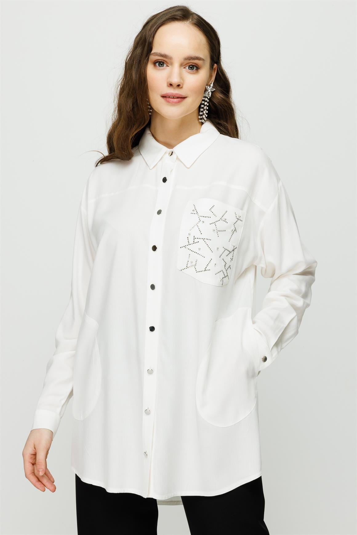 Faux Stone Detailed Viscose Tunic On Pocket - Ecru