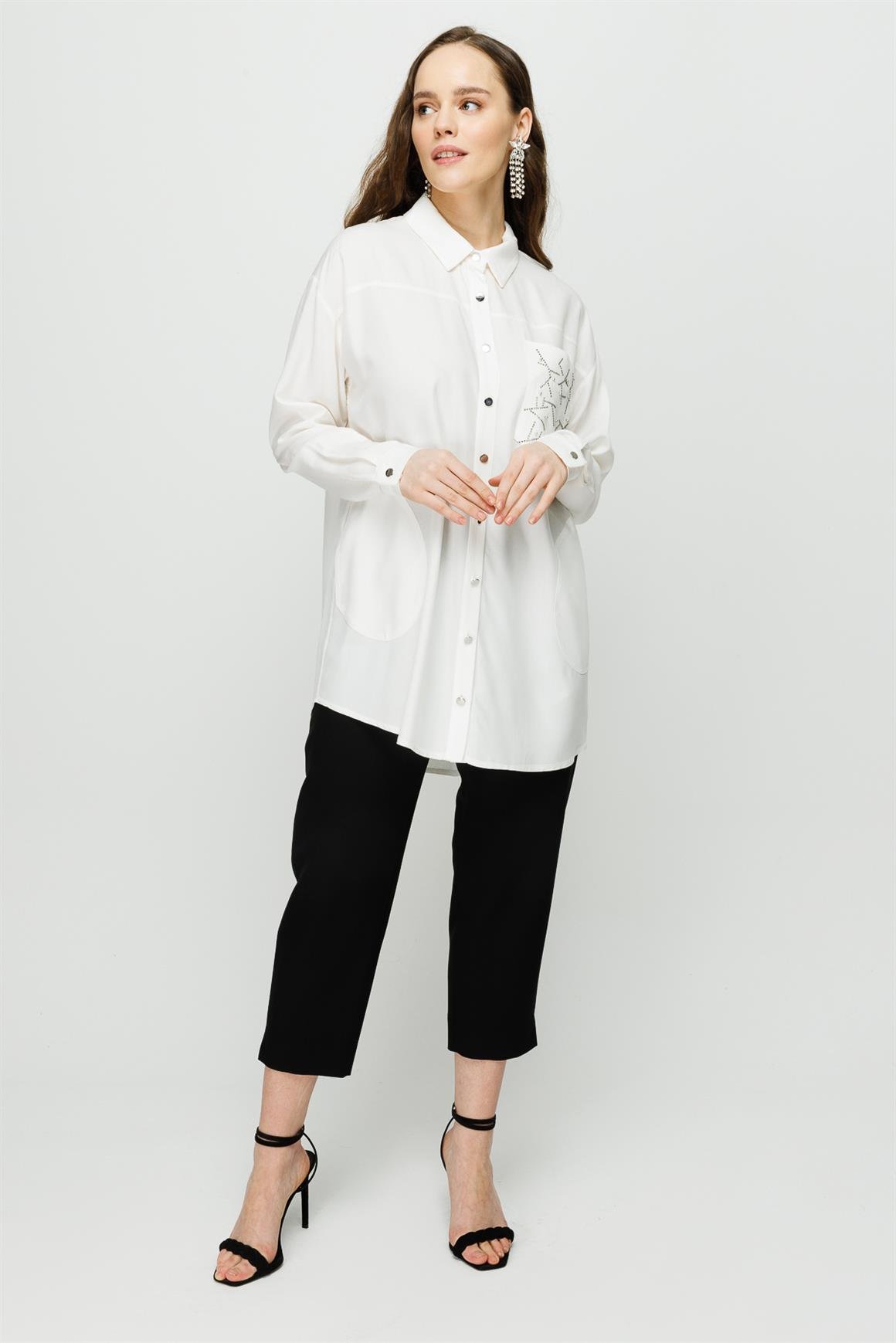 Faux Stone Detailed Viscose Tunic On Pocket - Ecru