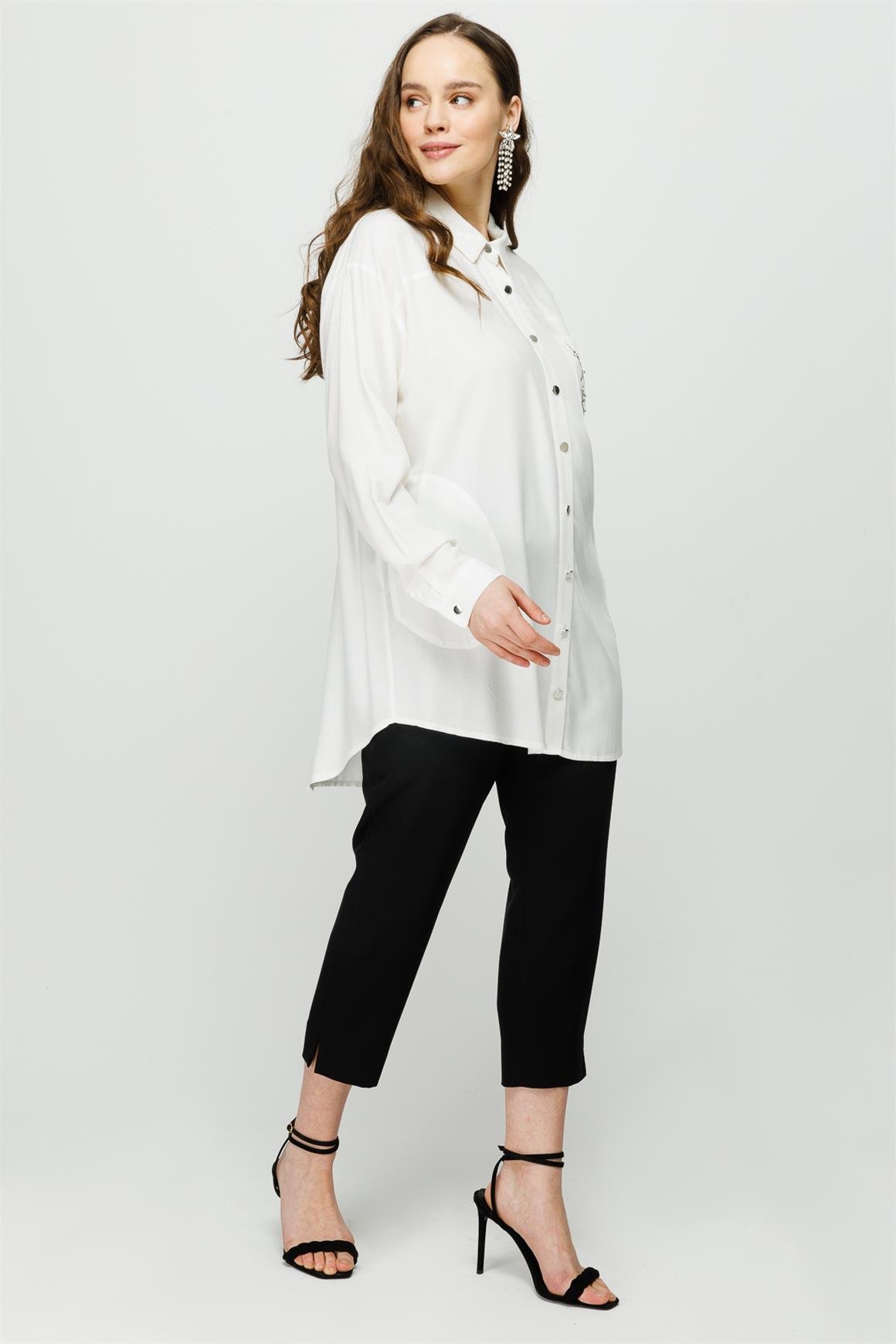 Faux Stone Detailed Viscose Tunic On Pocket - Ecru