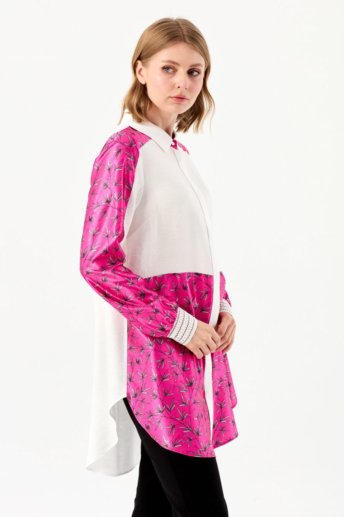 Çiçek Desen Baskılı Tunik  Fuşya