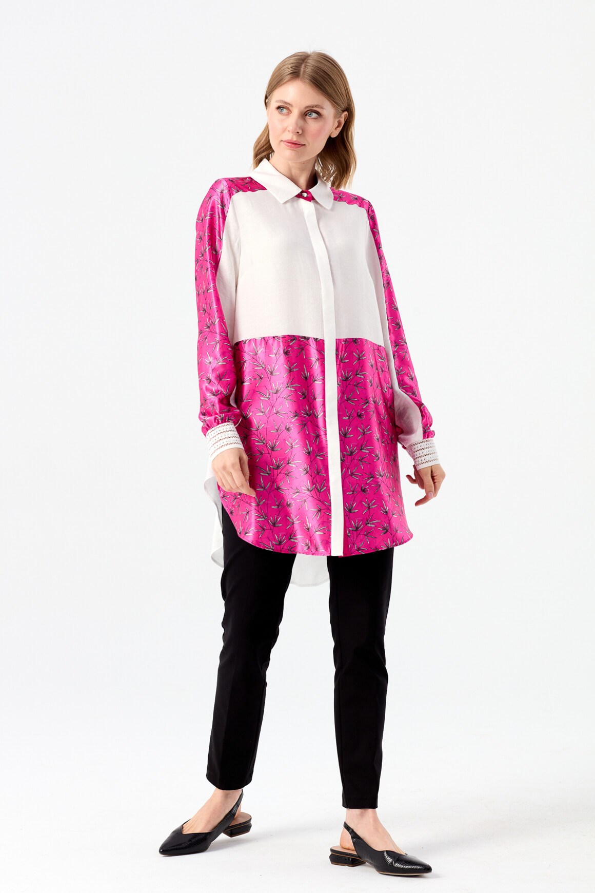 Çiçek Desen Baskılı Tunik  Fuşya