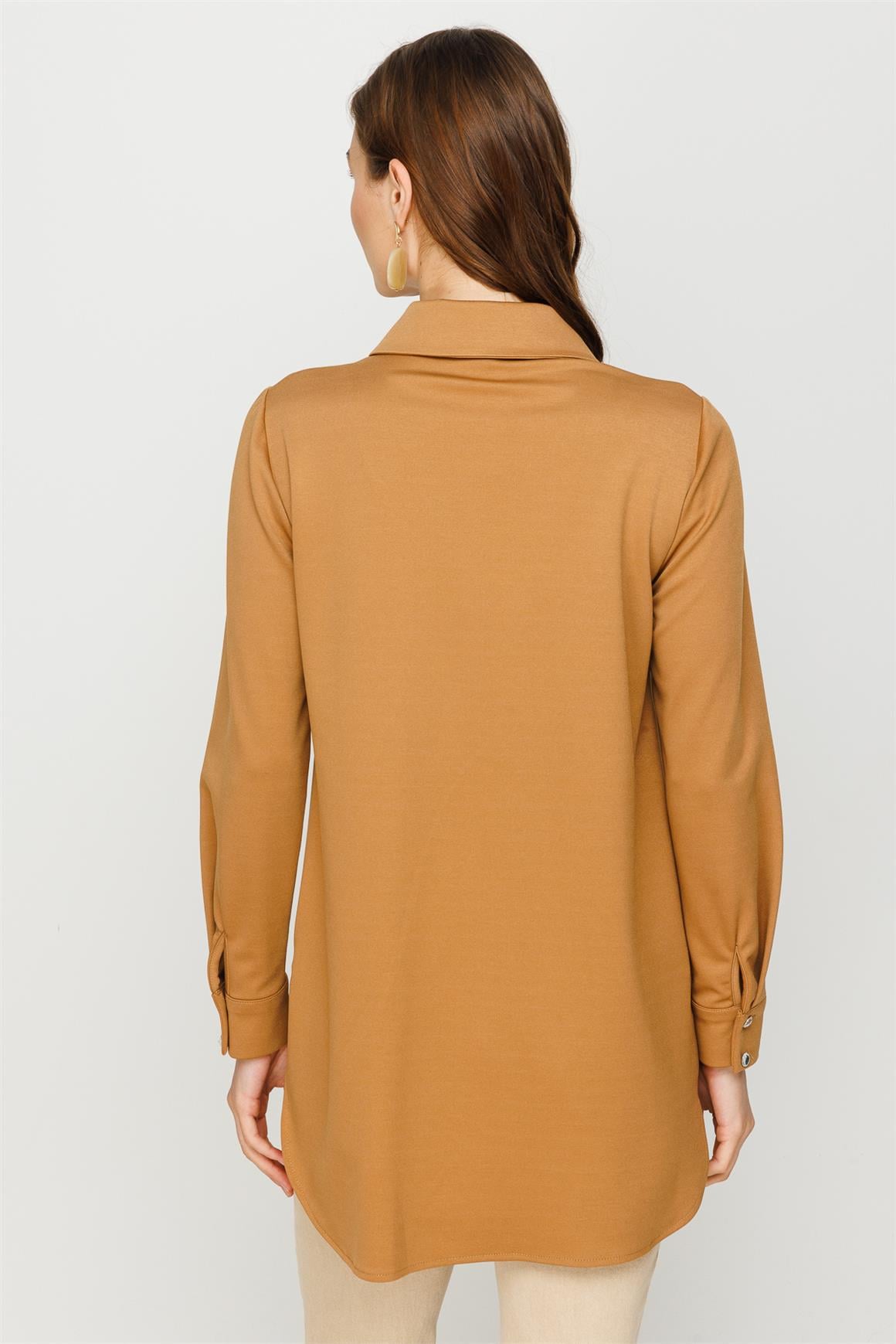 Çift Cepli Broş Detaylı Tunik  Camel