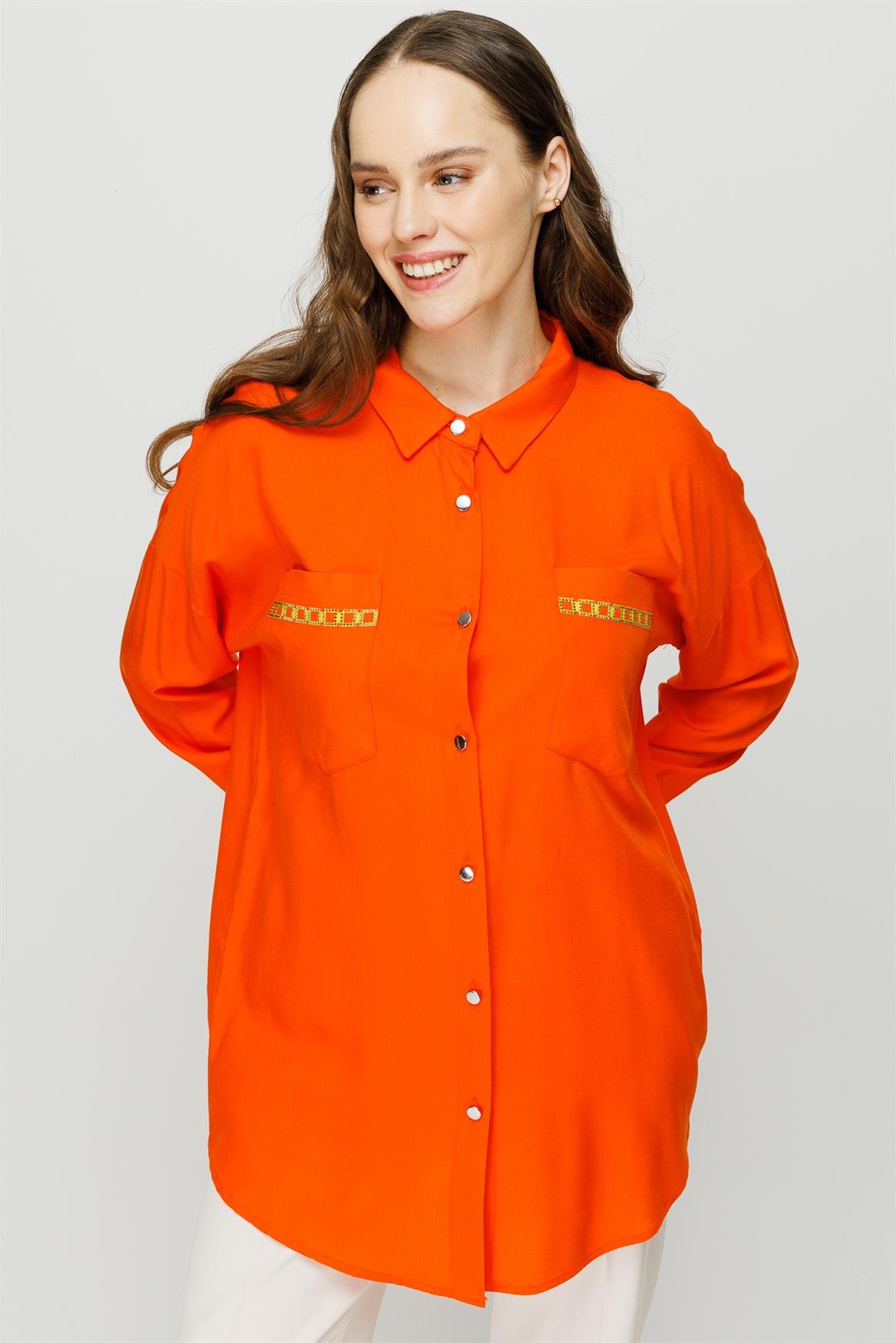 Çift Cepli Oversize Viskon Tunik  Oranj