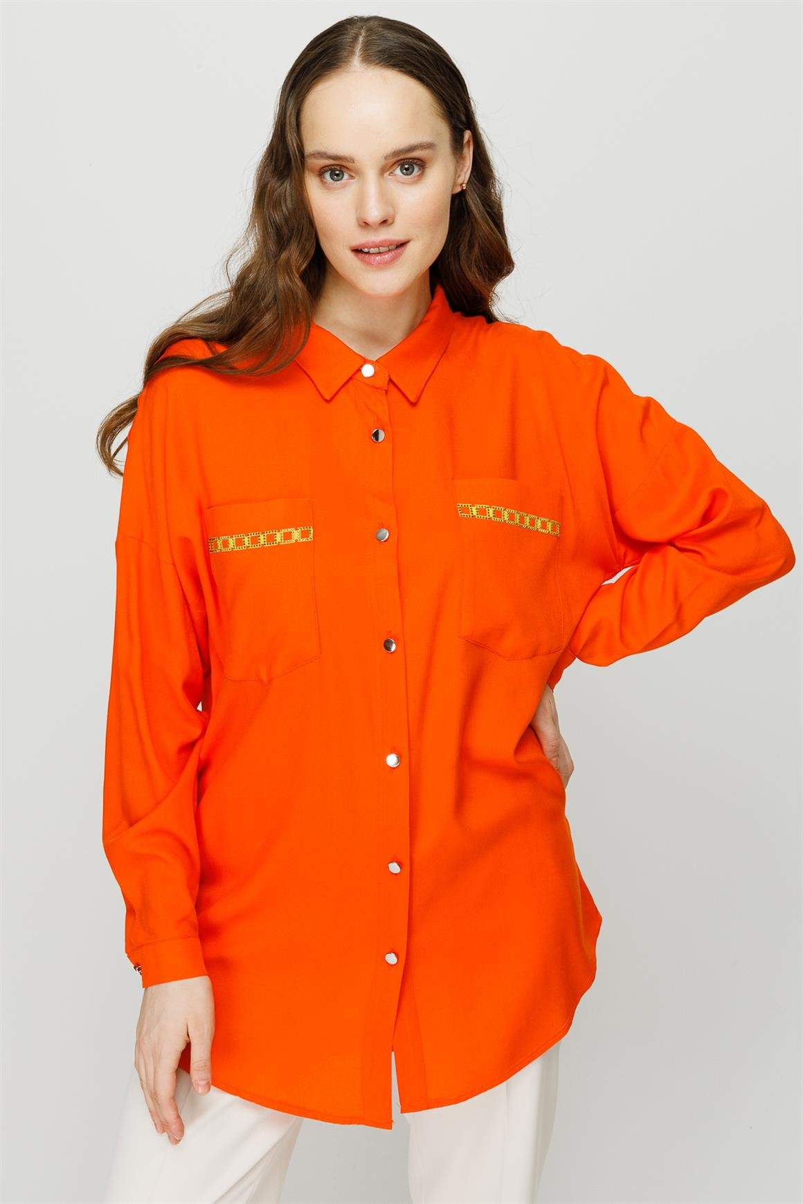 Çift Cepli Oversize Viskon Tunik  Oranj