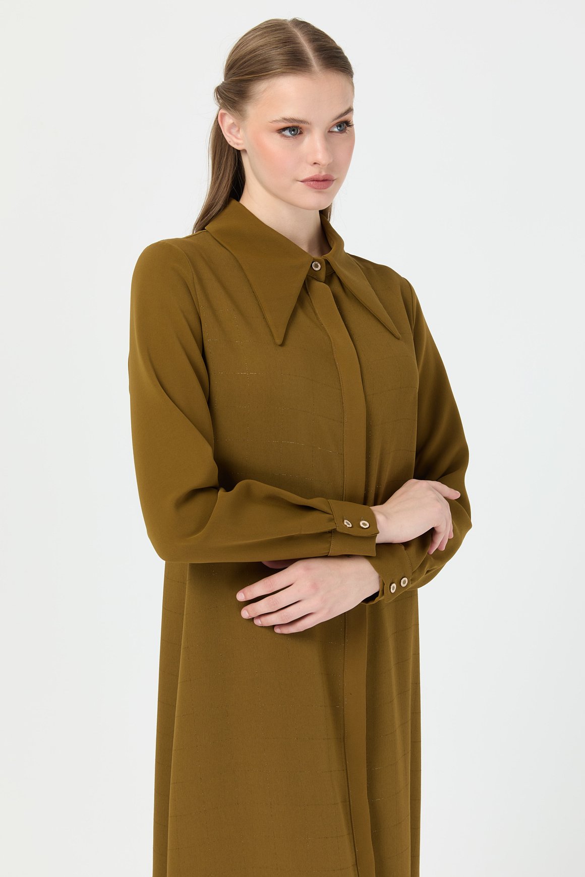 Çizgi Detaylı Geniş Yakalı Şık Tunik  Yağ Yeşili