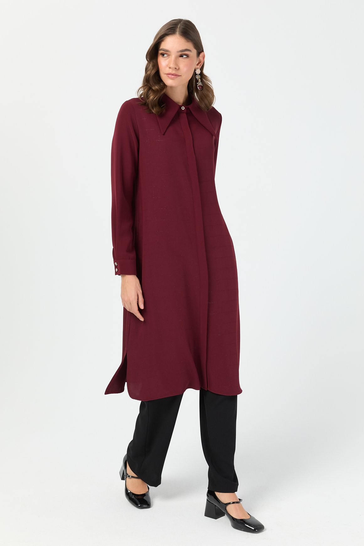 Çizgi Detaylı Geniş Yakalı Şık Tunik  Bordo