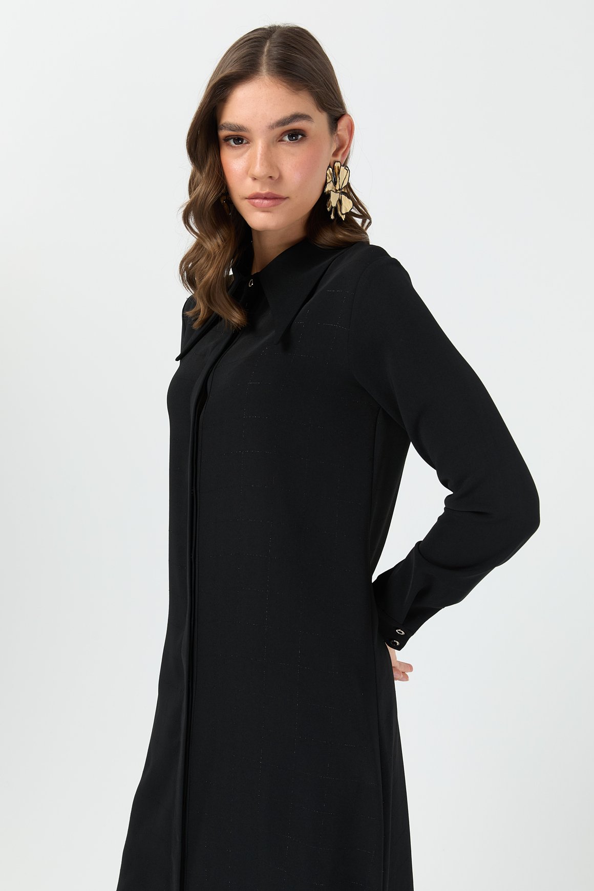 Çizgi Detaylı Geniş Yakalı Şık Tunik  Siyah