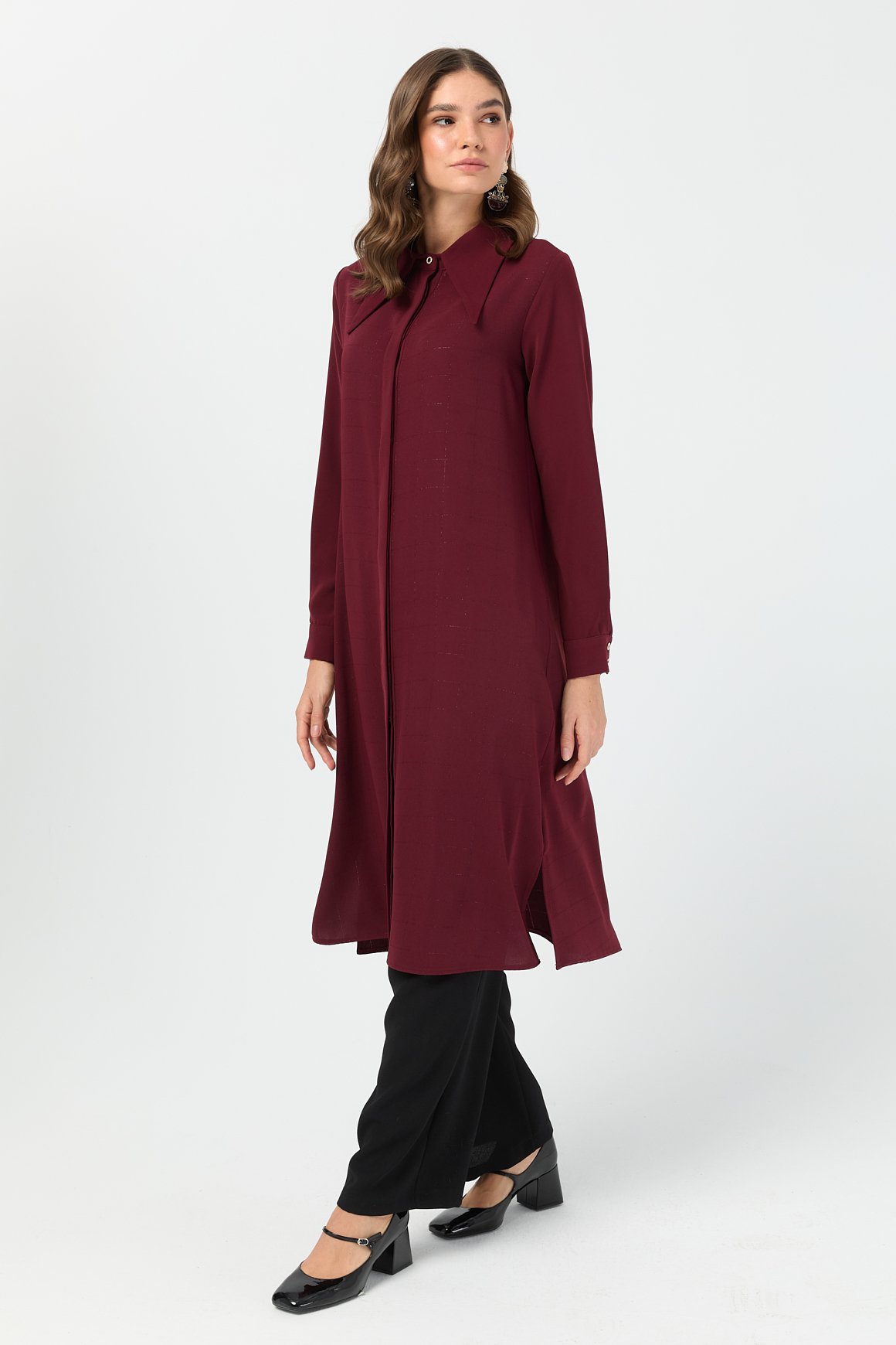 Çizgi Detaylı Geniş Yakalı Şık Tunik  Bordo