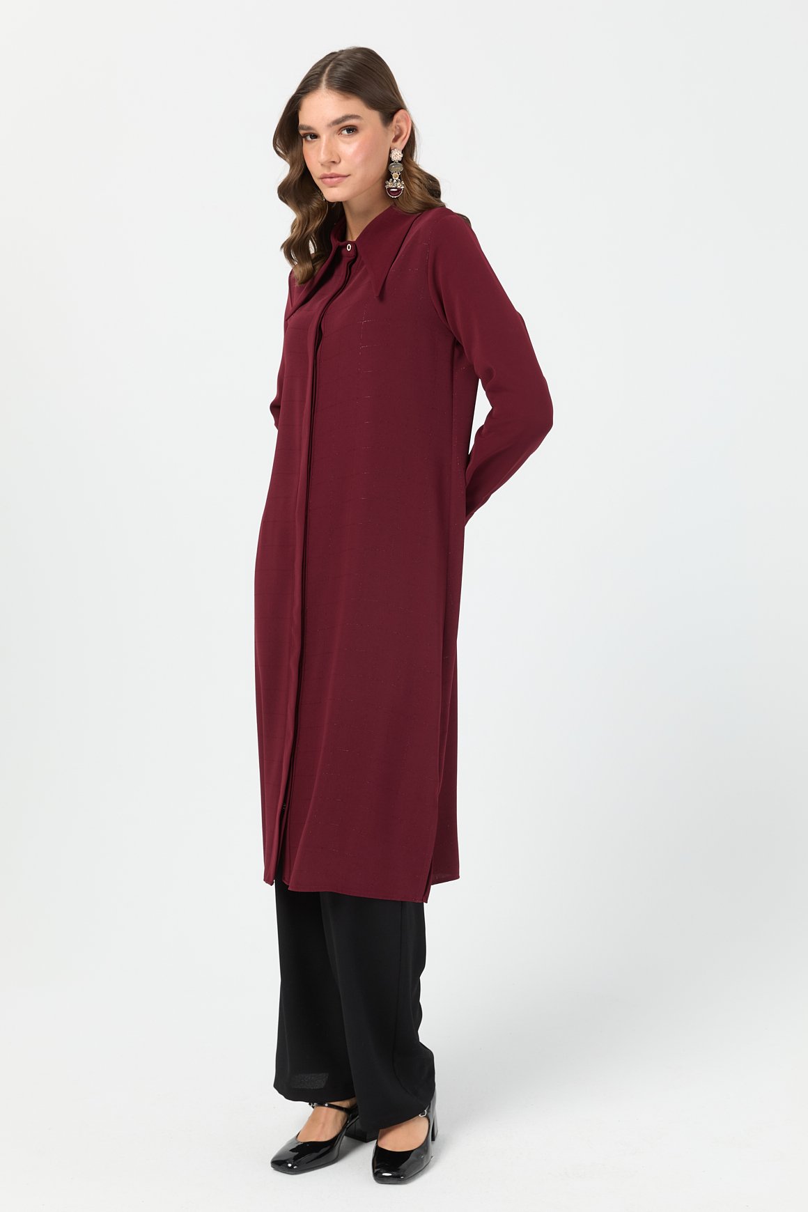 Çizgi Detaylı Geniş Yakalı Şık Tunik  Bordo