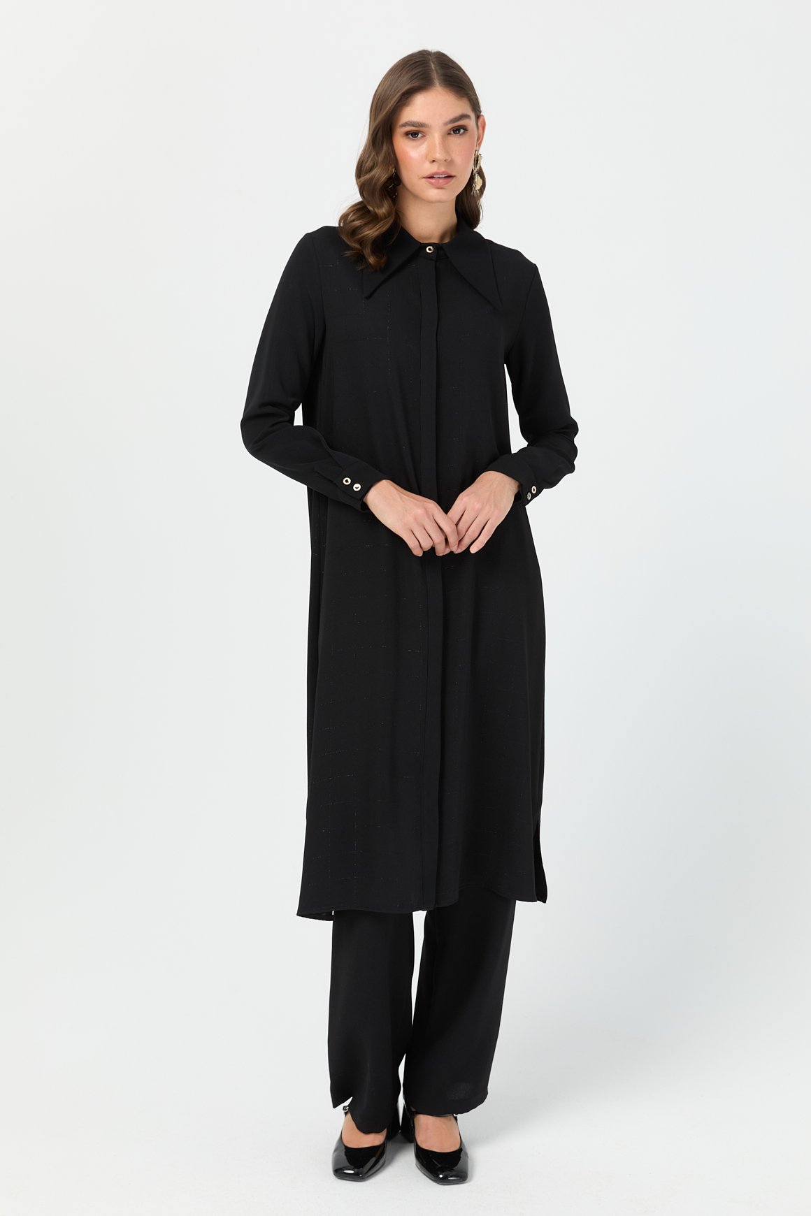 Çizgi Detaylı Geniş Yakalı Şık Tunik  Siyah