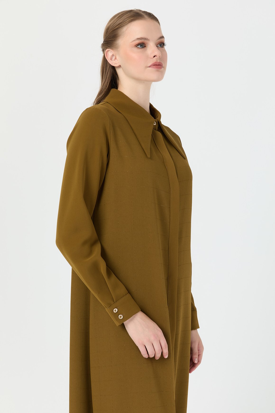 Çizgi Detaylı Geniş Yakalı Şık Tunik  Yağ Yeşili