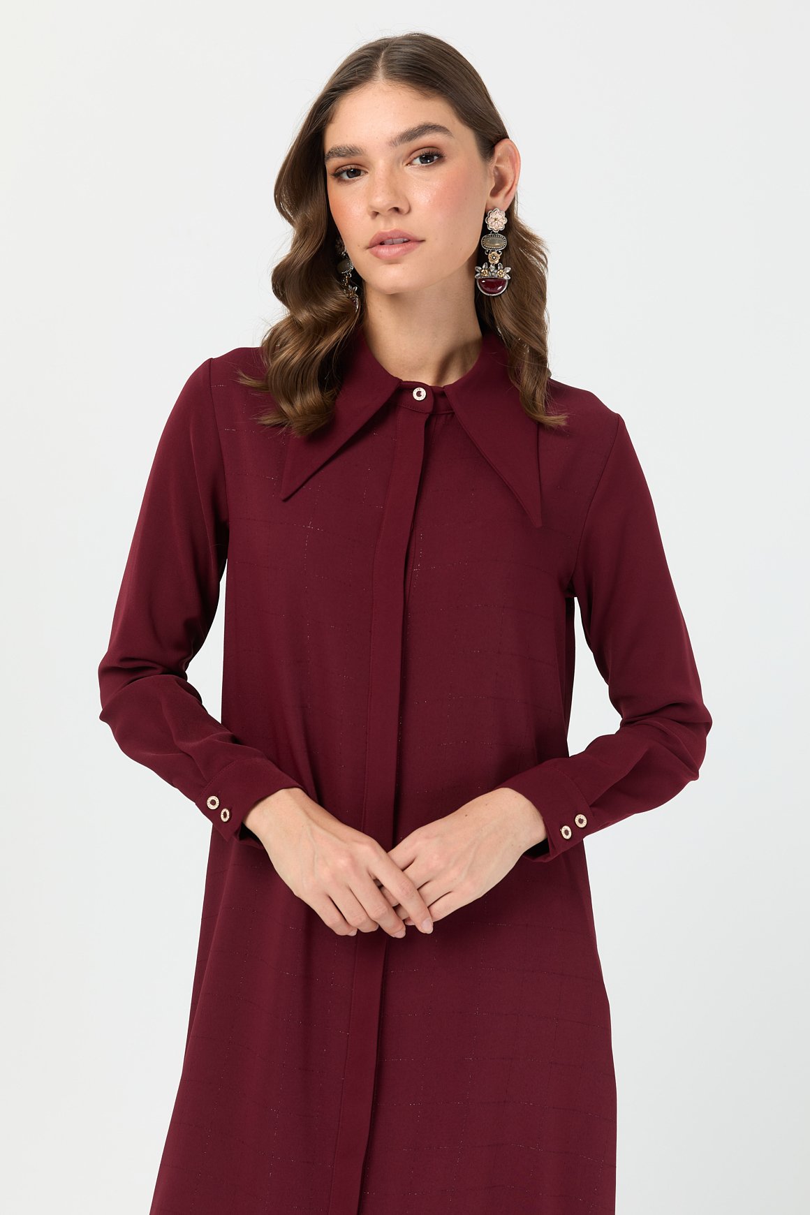 Çizgi Detaylı Geniş Yakalı Şık Tunik  Bordo