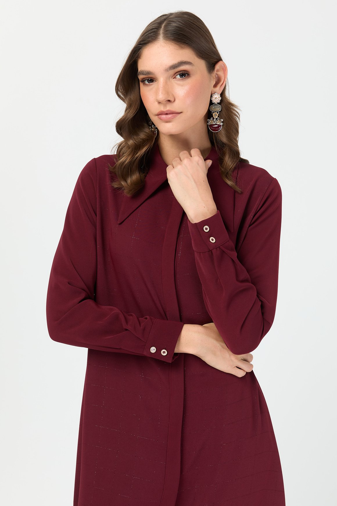 Çizgi Detaylı Geniş Yakalı Şık Tunik  Bordo