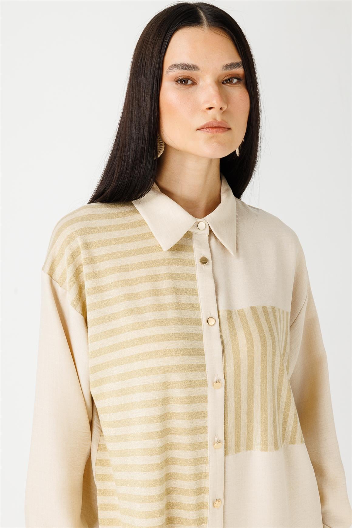Çizgili Kumaş Garnili Rahat Kalıp Tunik  Bej