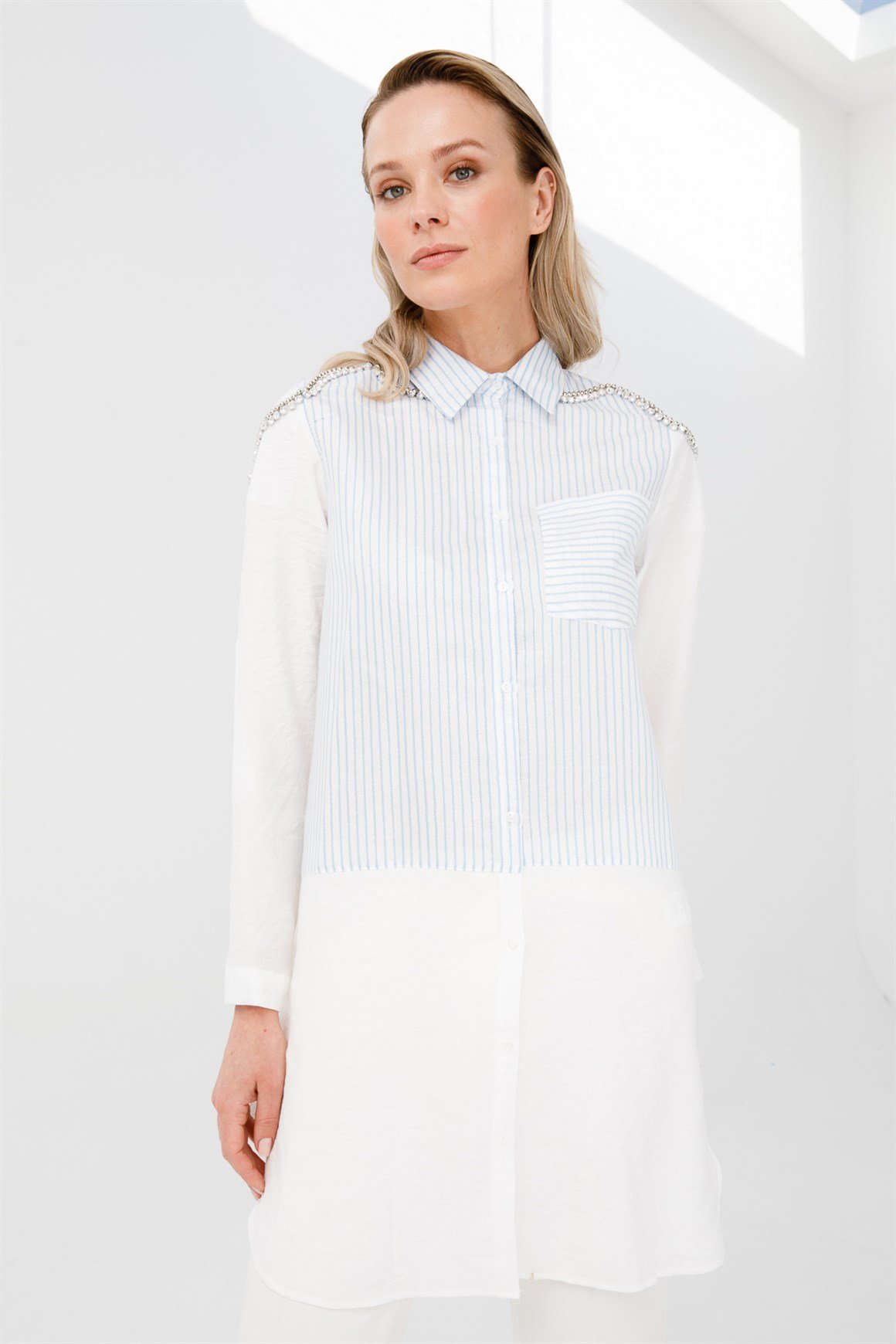 Dalga Desen Taş İşli Tunik  Mavi