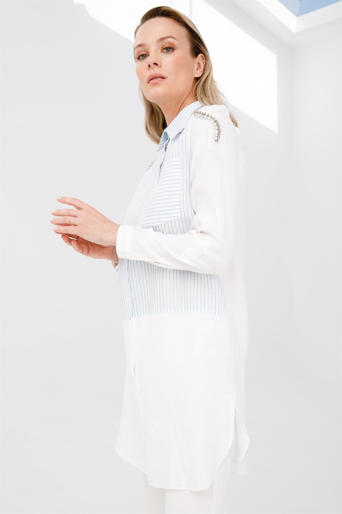 Dalga Desen Taş İşli Tunik  Mavi