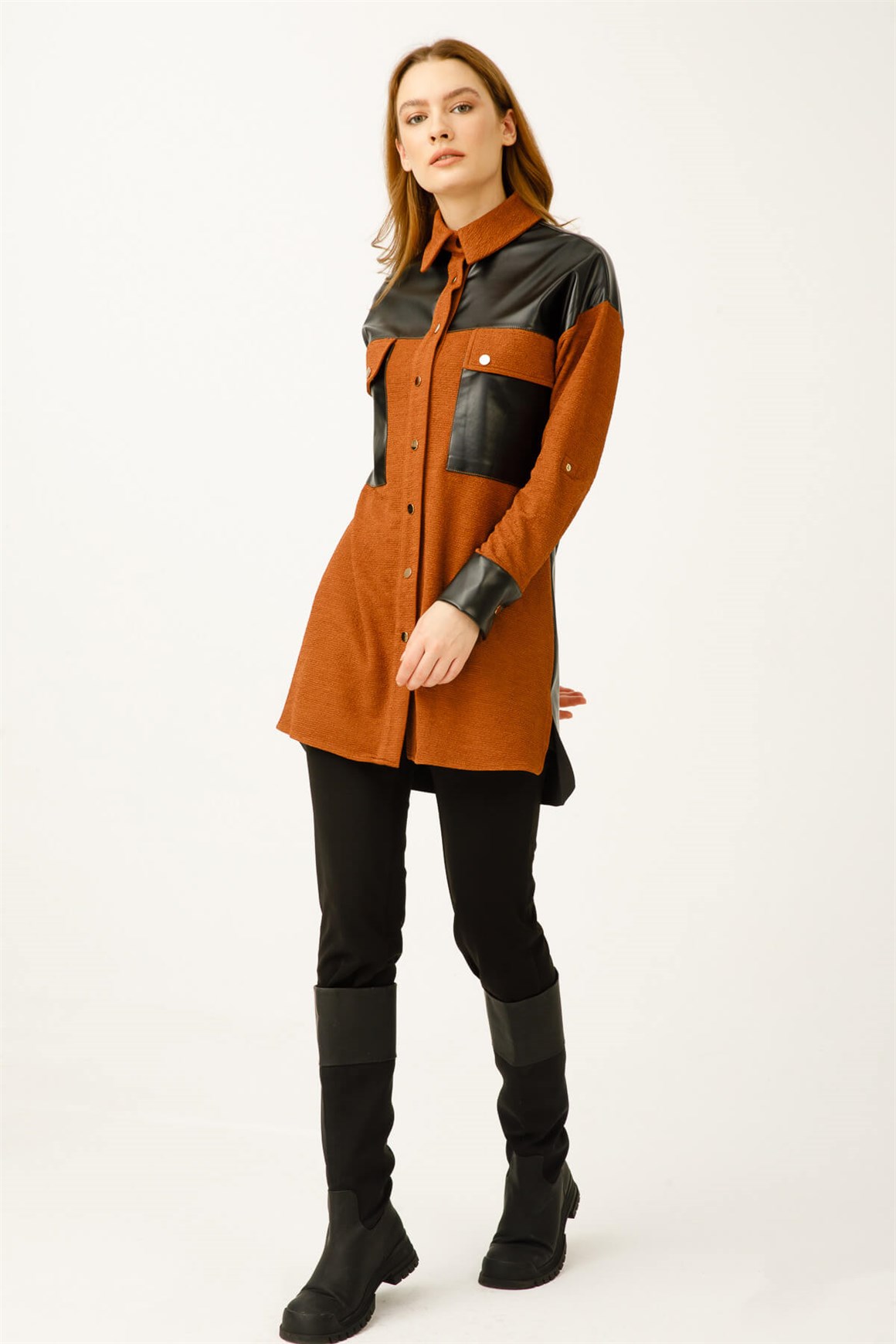 Deri Detaylı Çıt Çıt Kapamalı Tunik  Taba