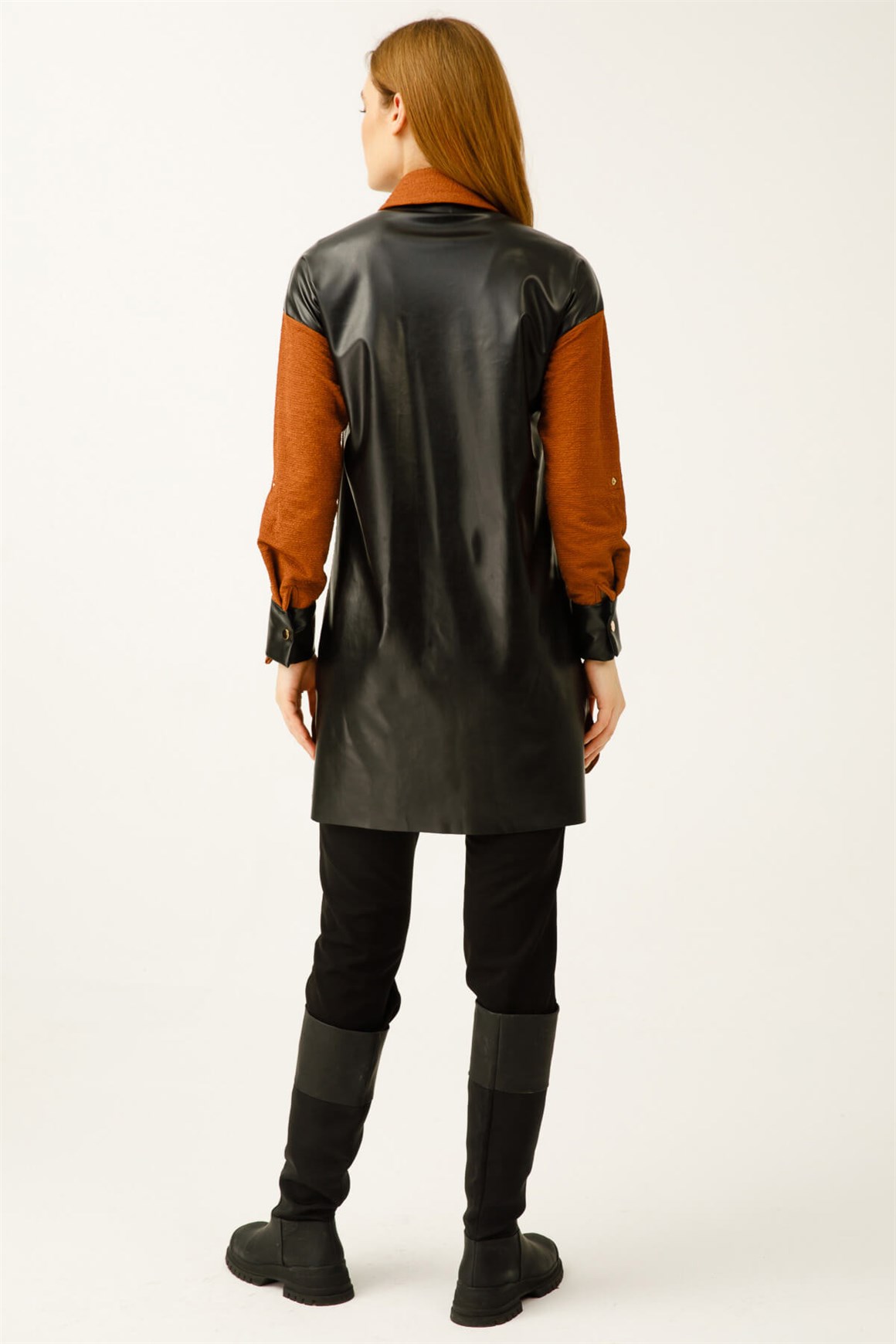 Deri Detaylı Çıt Çıt Kapamalı Tunik  Taba