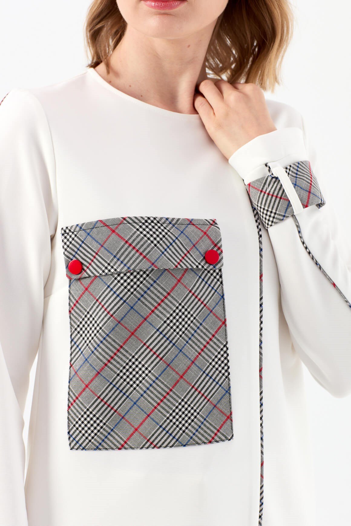 Ekose Garnili Büyük Cepli Tunik  Ekru