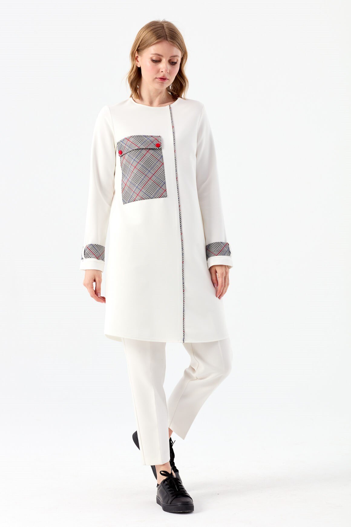 Ekose Garnili Büyük Cepli Tunik  Ekru